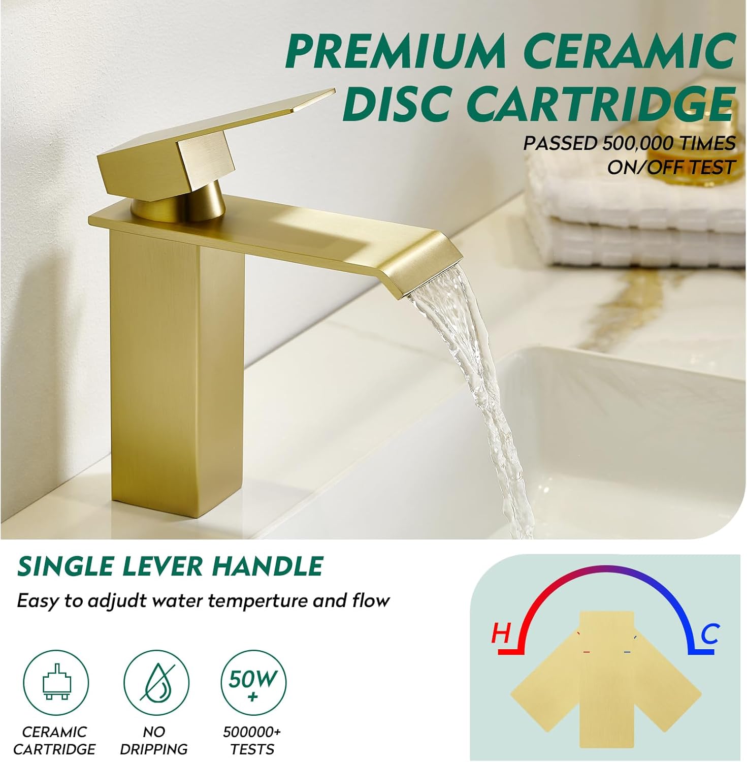 CREA Brushed Gold Bathroom Faucet 1 Hole,Gold Waterfall Bathroom Faucet Single Handle Bathroom Sink Faucet with Drain Stopper/ 3 Hole Deck Plate,RV Basin Vanity Faucet,Stainless Steel