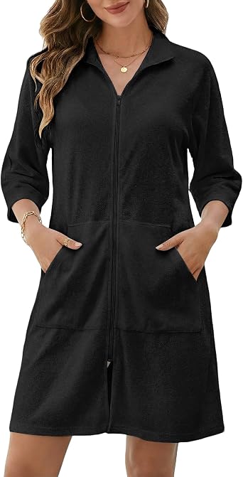 Bsubseach Swimsuit Coverup Women 3/4 Sleeve Zip Terry Cloth Swim Cover Up