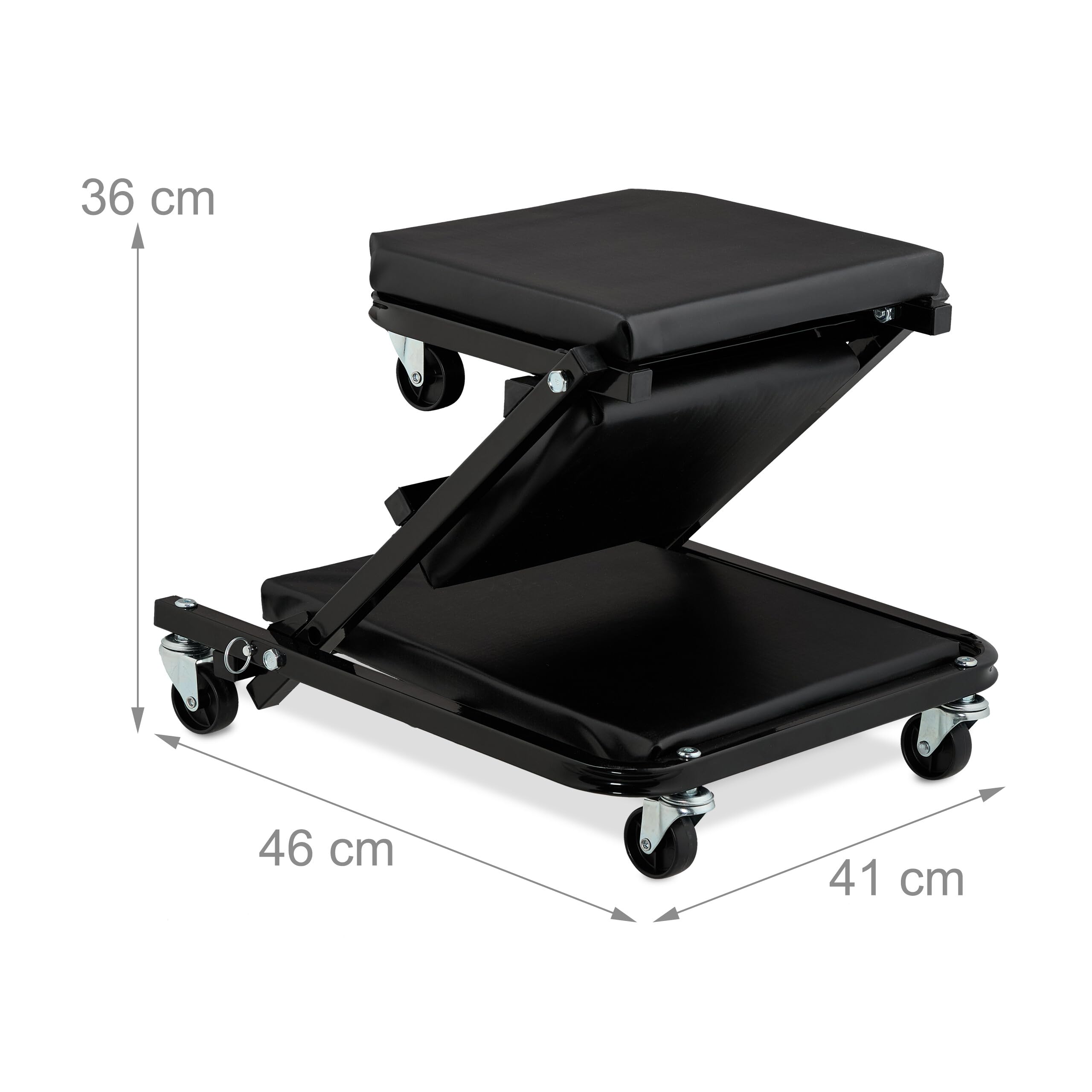 Relaxdays Camilla de Mecánico con Ruedas, Resiste 150 kg, Taburete Taller 2 en 1, Plegable, Giro 360º, para Coche, Negro