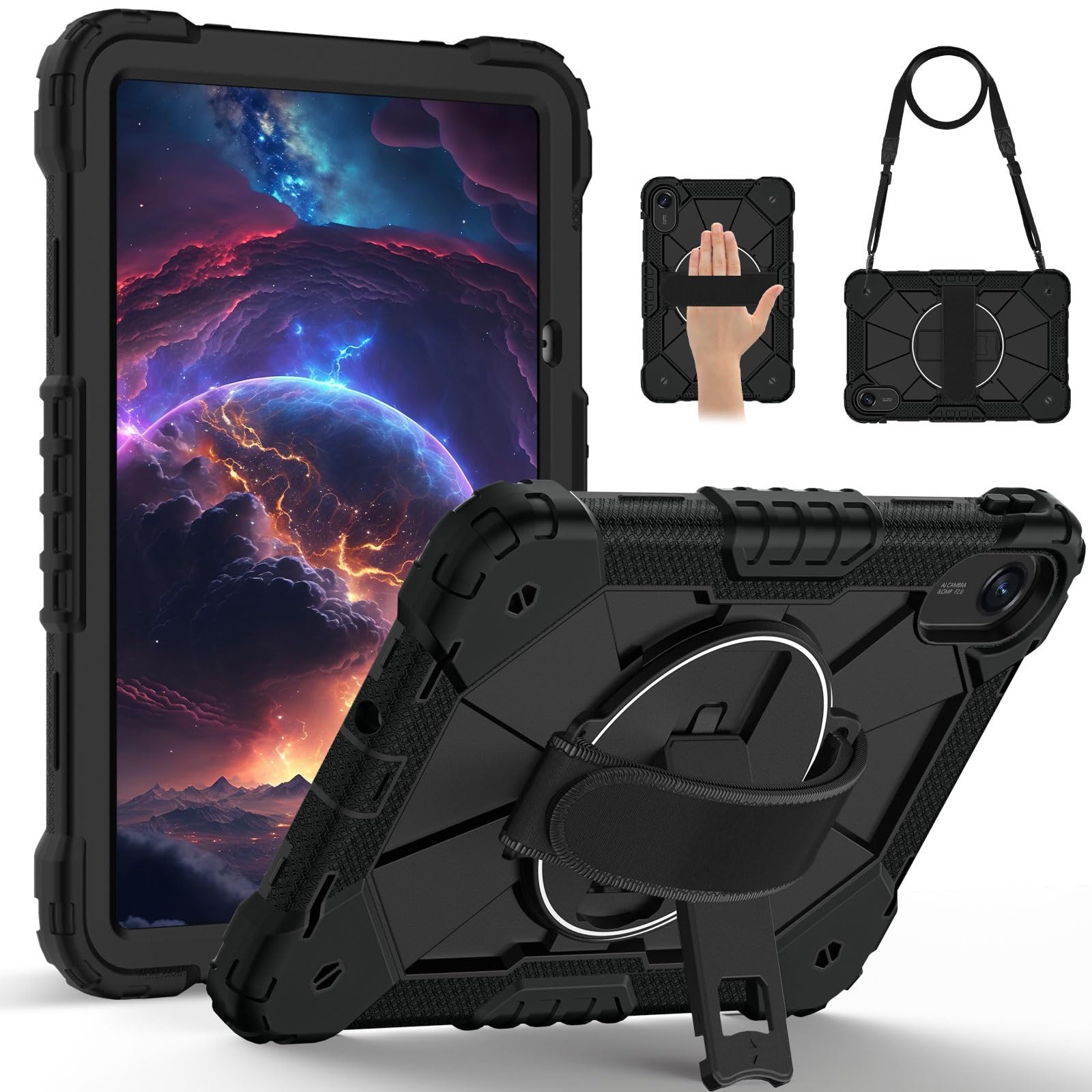 Housse pour Tablette Étui Robuste for Xiaomi Redmi Pad 2 11 Pouces (2025) avec Protection d'écran, béquille rotative, dragonne et bandoulière Amovible, Coque Antichoc(Svart)