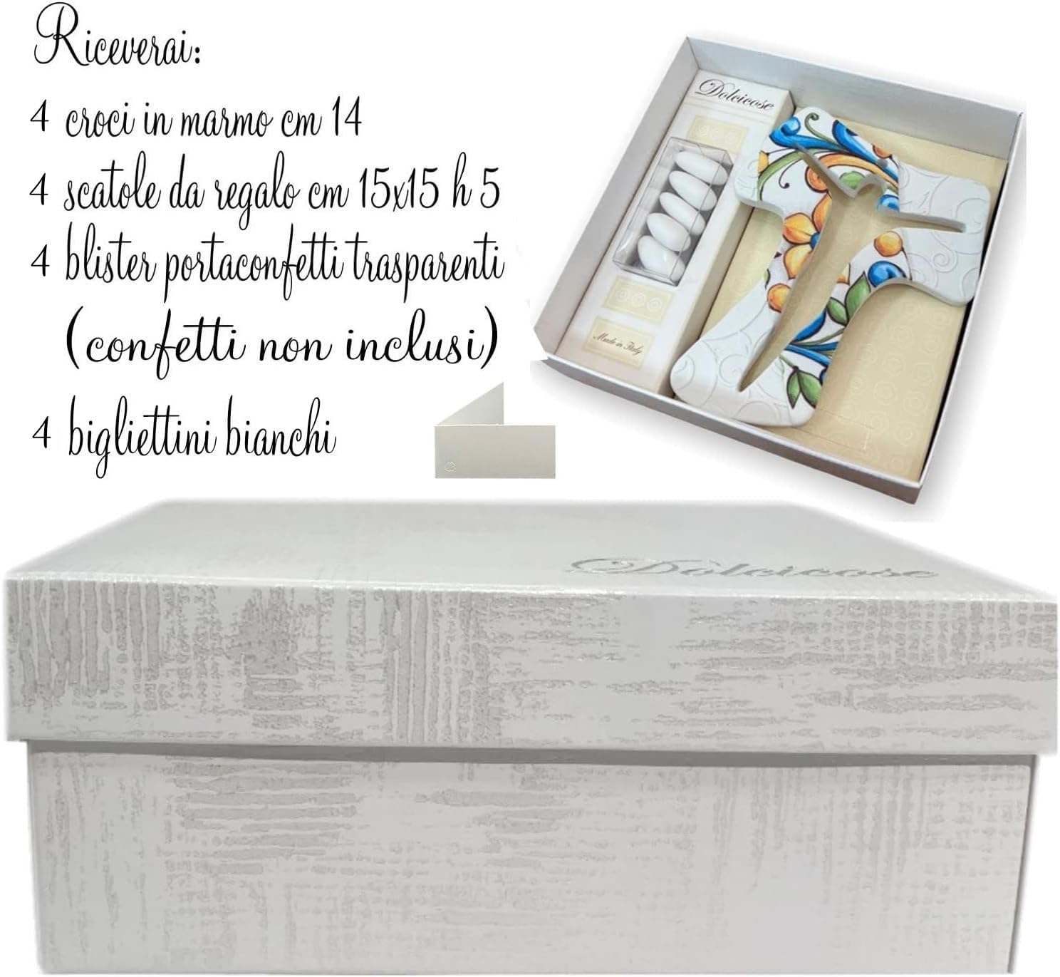 Regalami. Shop Zestaw 6 krzyżyków Tau Marmur Carrara 14 cm z wytłoczonymi fryzami i nadrukiem z przezroczystym pudełkiem, kartką i uchwytem na konfetti dla zwierząt domowych, wyprodukowano we Włoszech
