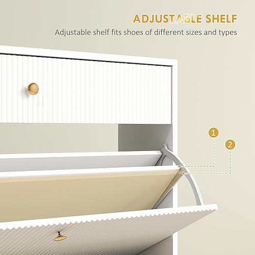 Miniatura 5 de HOMCOM Armario estrecho para zapatos con 2 cajones abatibles, moderno armario de almacenamiento de zapatos con paneles ondulados y estantes