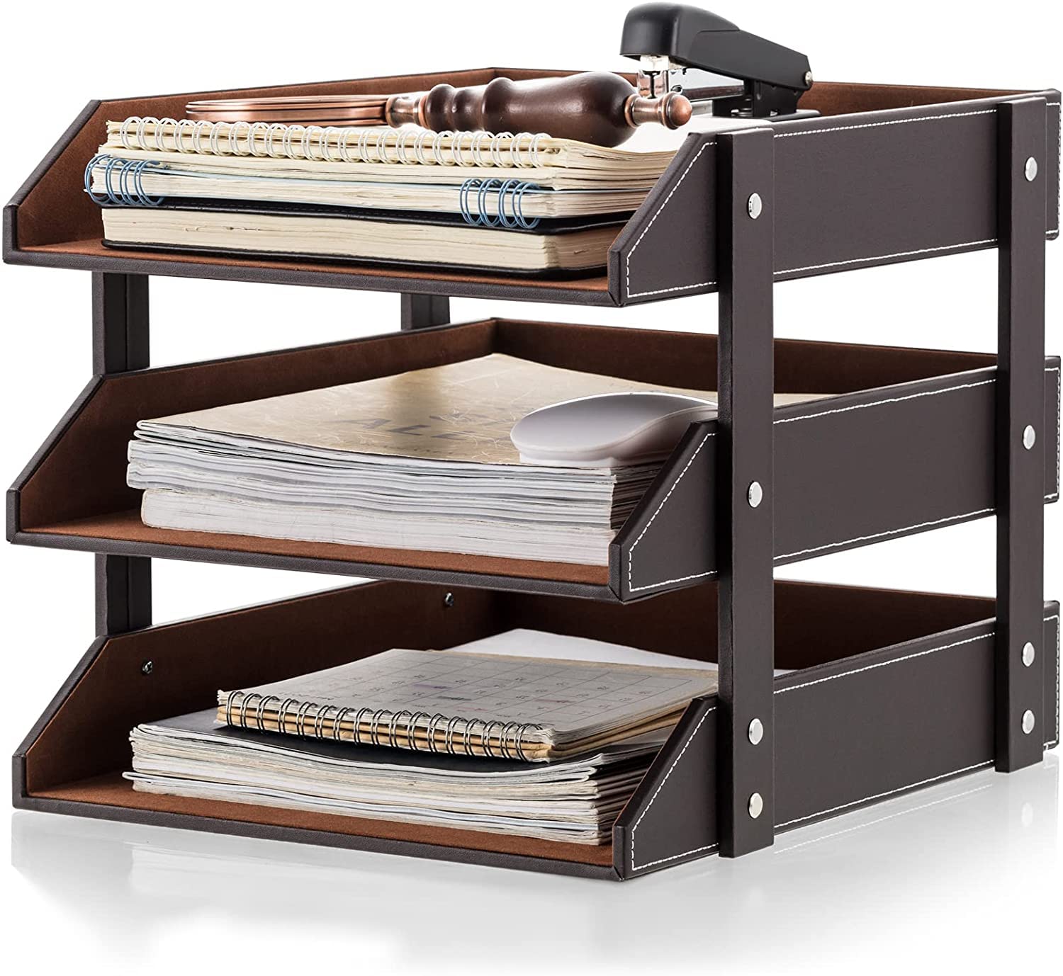 Leather Desk Organizer VANQUISH 3-Tier Stackable Letter Tray Holder for Office Supplies Paper File Magazine Perfect Office Organization for Desktop (Brown)
