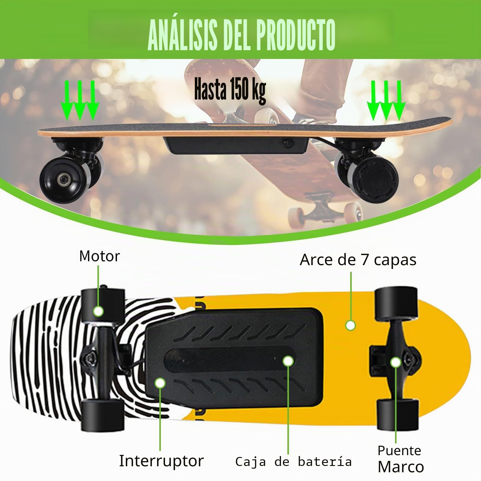 Monopatín eléctrico para Adultos y Adolescentes, Motor 170W / 340W / 450W / 1000W, 4 Modos de Velocidad,Mando a Distancia con Mando inalámbrico, para Principiantes Single-Drive-26km