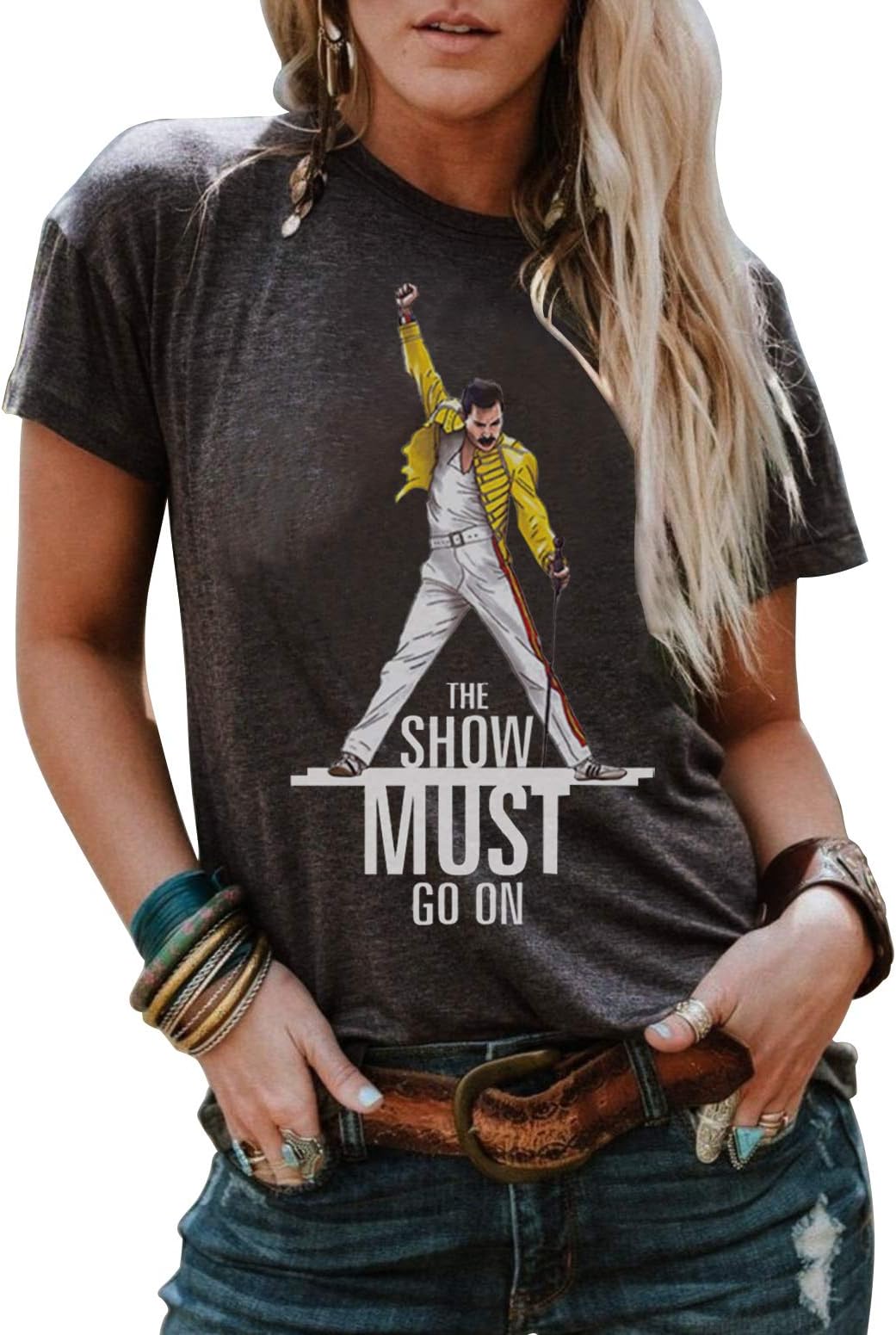 Vintage Queen Band Funny Letter Graphic Short Sleeve T Shirt for Women The Show Must Go On Freddie Mercury Tee Tops (Small, Grey)