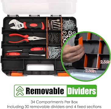 2Pack Tool Organizer Boxes Heavy Duty, Double Side Hardware Box Storage, 34 Removable Compartments Tool Boxes with Handle for Screws Nuts Small Parts (Green & Orange)