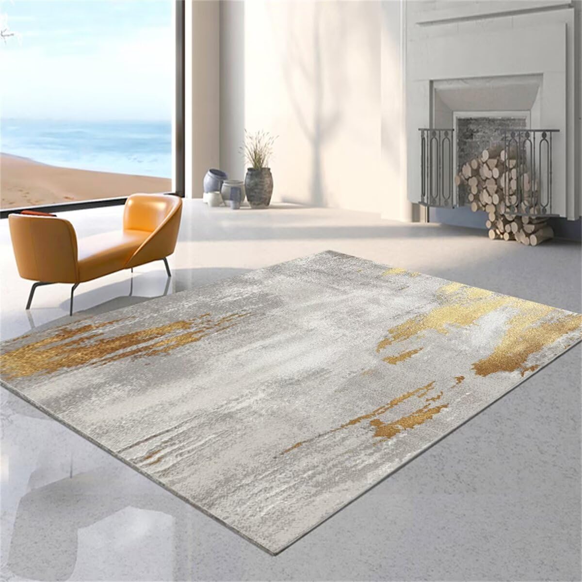 Tapis de salon lavable et doux motif design jaune gris 70x140