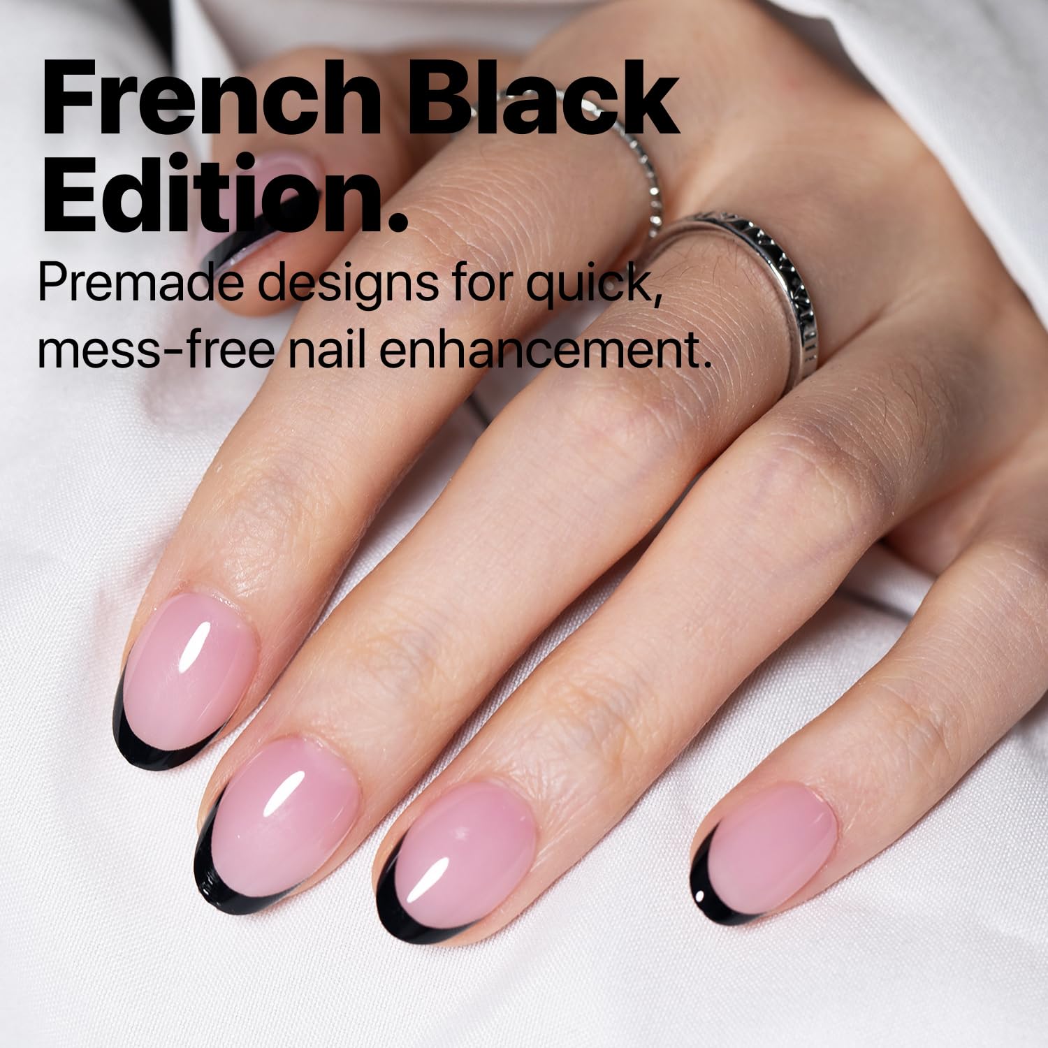 SXC Cosmetics French Tip Press On Nails – Black Series, Extra Short Almond, X-Pro Tips Starter Kit | 160PCS, 16 Sizes, 5 Styles, Beginner-Friendly