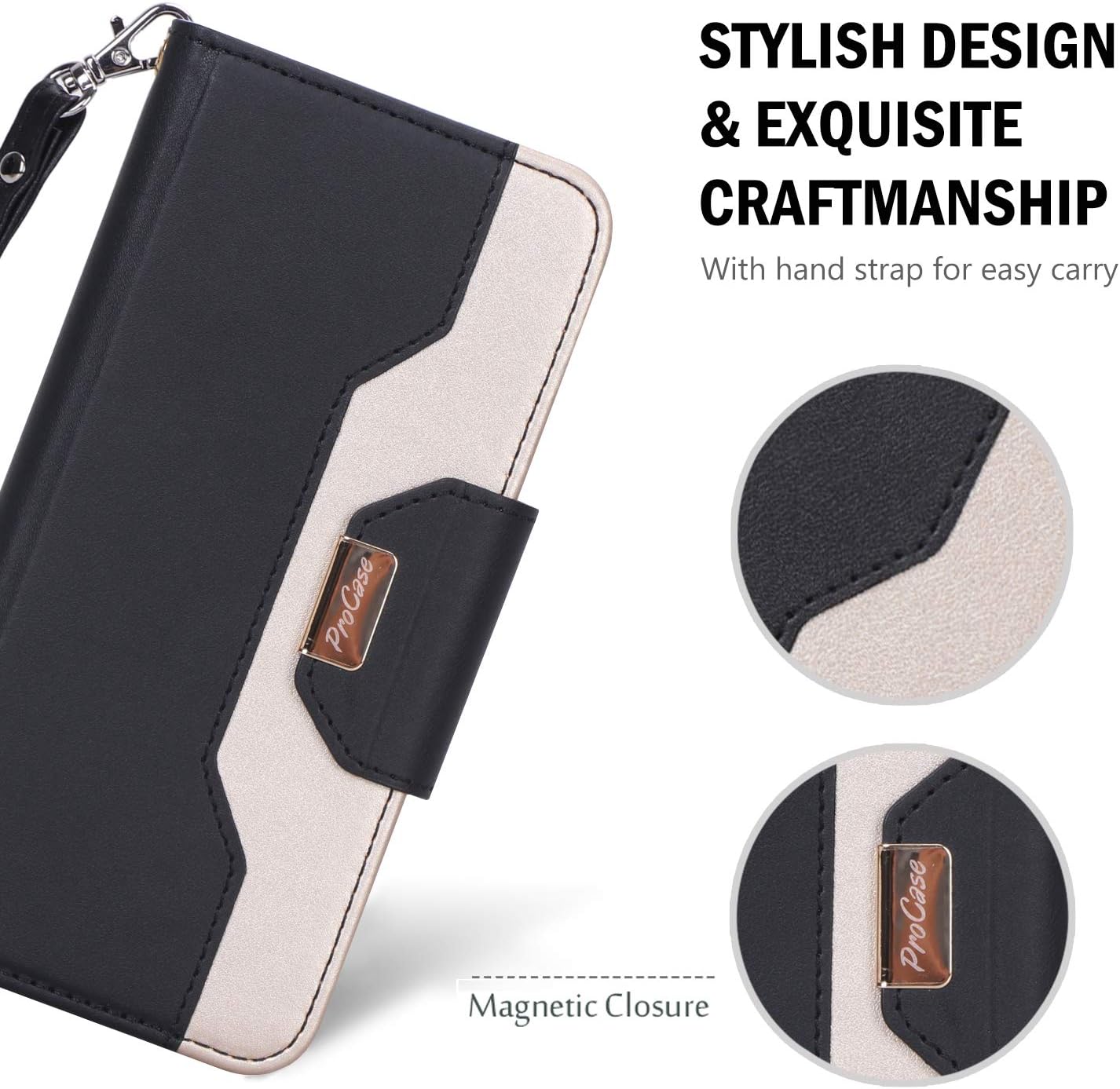 ProCase Galaxy A50 Wallet Case 2019, Flip Fold Kickstand Case with Card Holders Mirror Wristlet, Folding Stand Protective Book Case Cover for Galaxy A50 2019 Release -Black