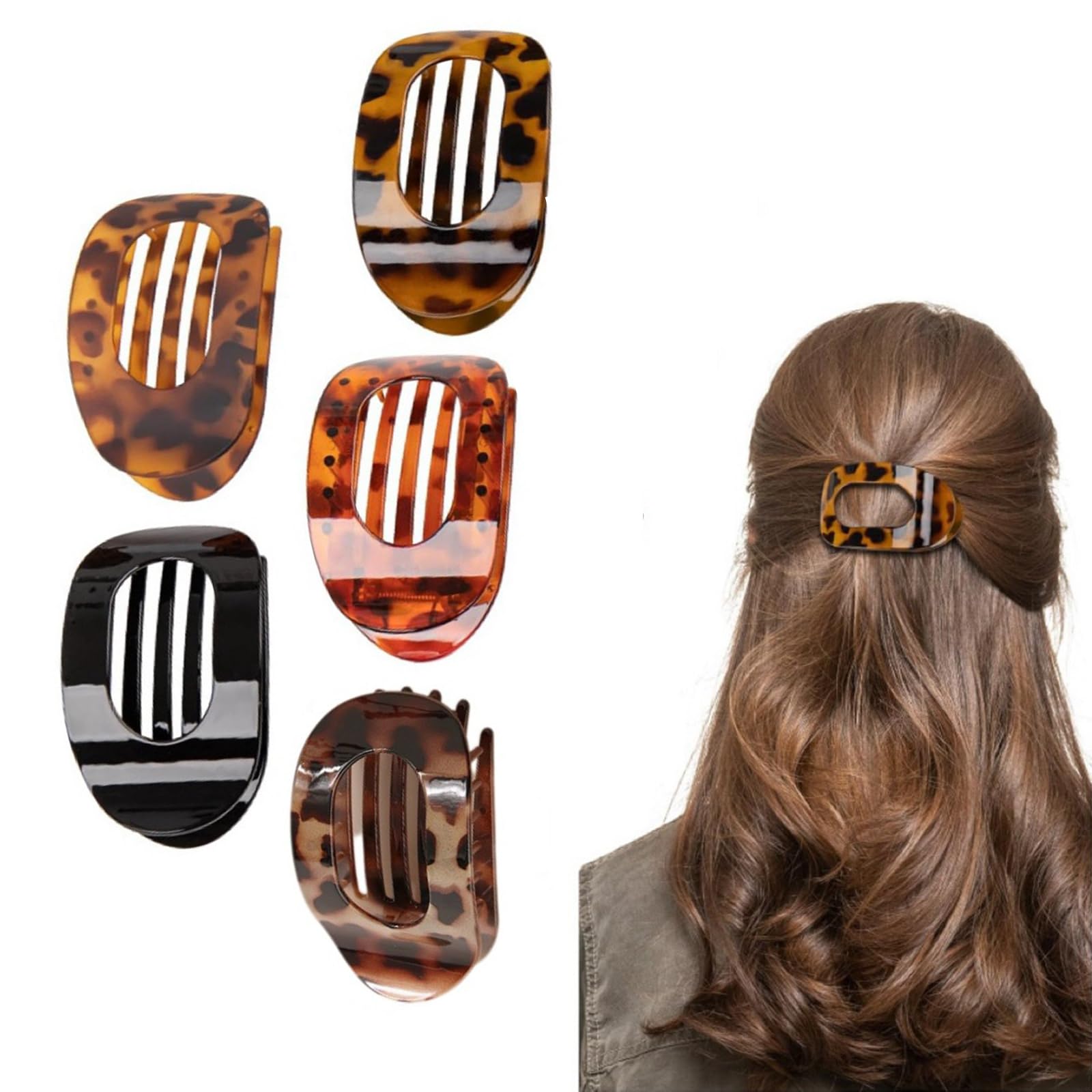 5PCS Flat Claw Clip, Flat Hair Clips for Women Fine Hair Leopard Print Oval
