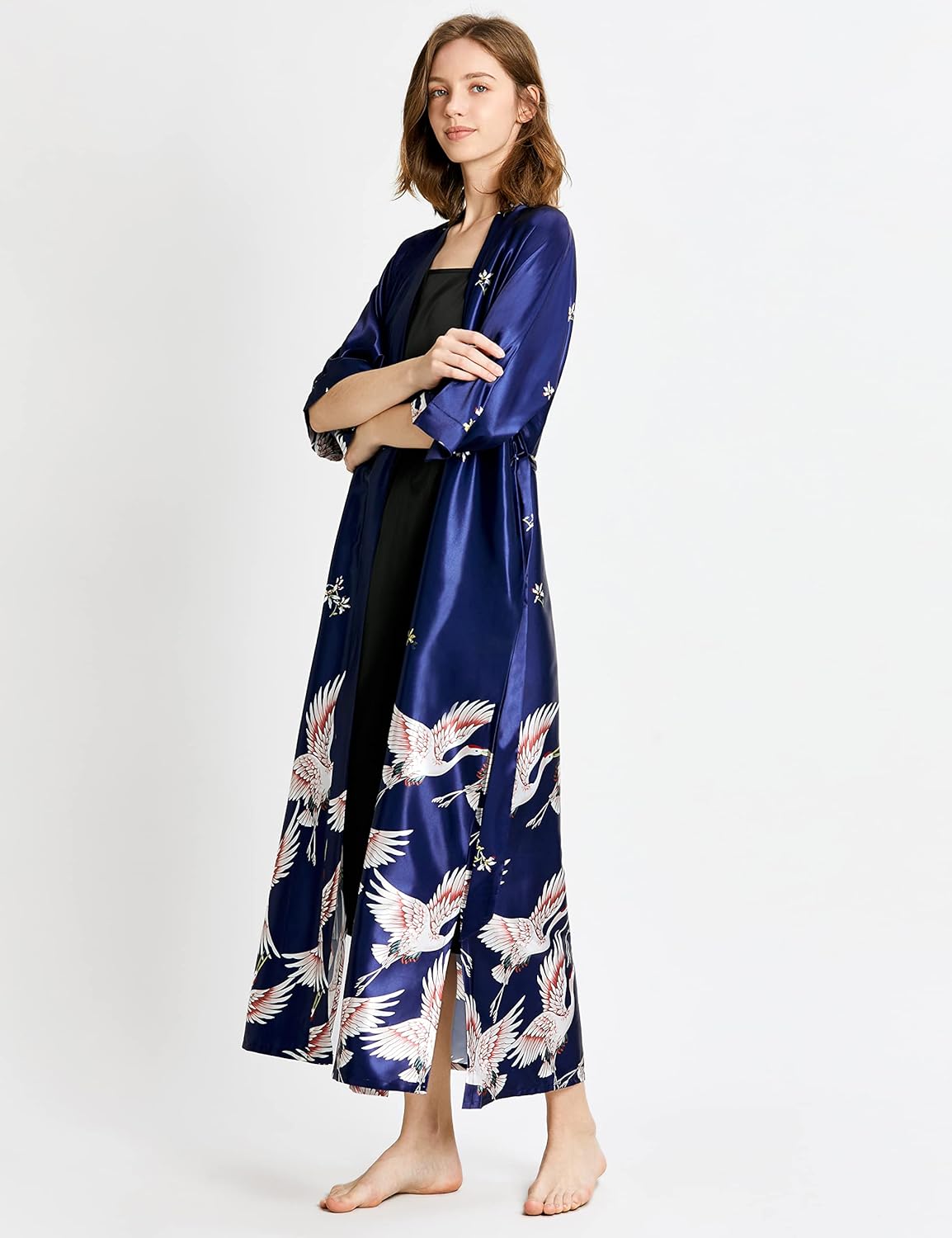 PRODESIGN Long Kimono Robe Satin Sleepwear Blouse Bathrobe Nightgown Silky Crane Kimono Cardigan Robe - Image 4