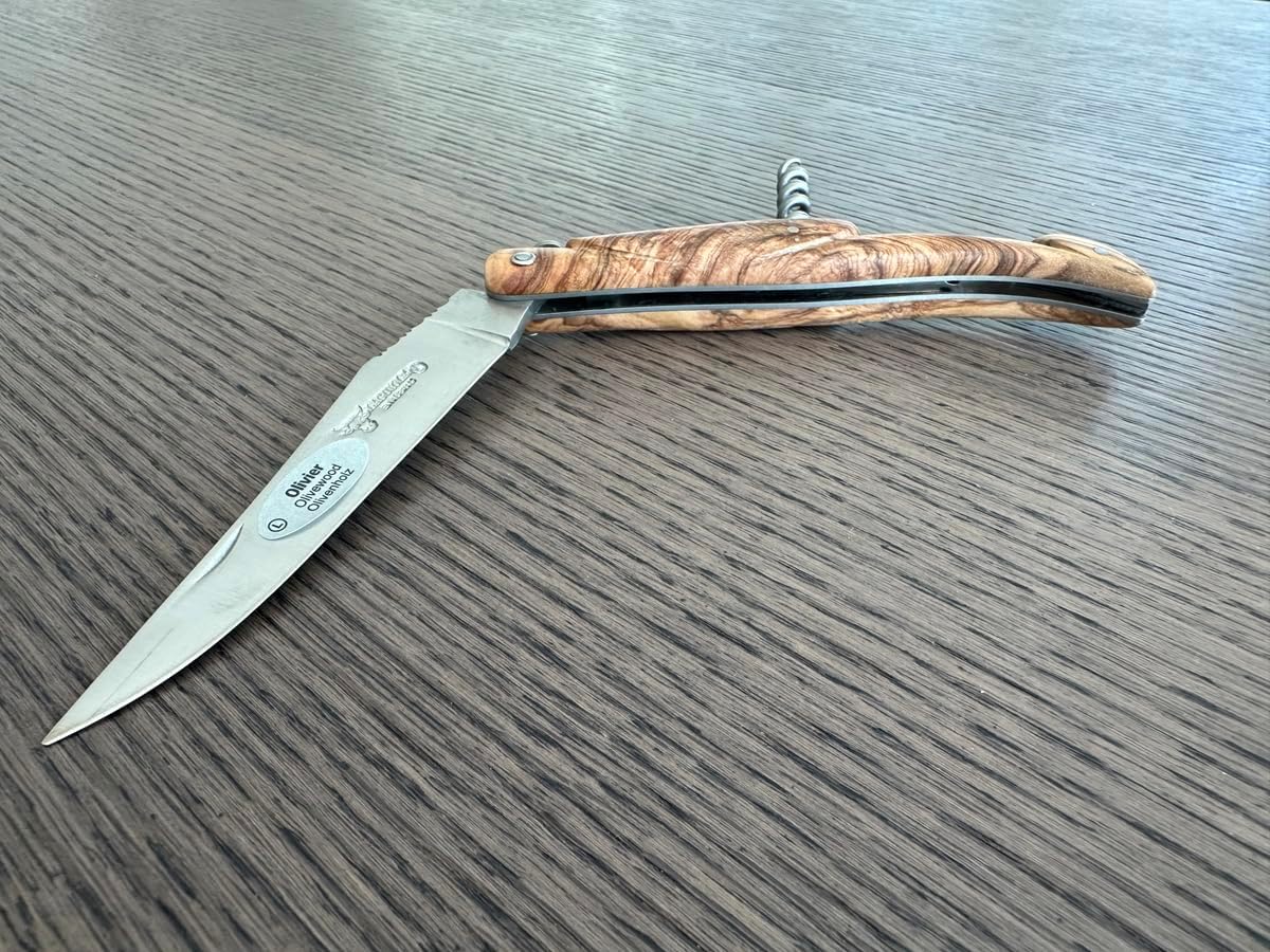 Laguiole en Aubrac Handmade Luxury Folding Pocket Steak Knife with Corkscrew, 4.8-in (12cm), Olive Wood Handle