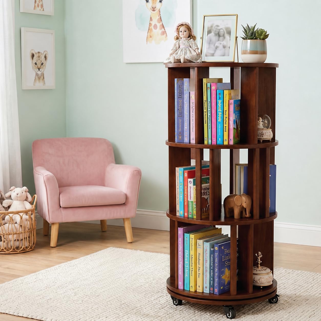 Rotating Bookshelf Tower on Wheels, Solid Rubber Wood Spinning, Round Bookcase with Lockable Casters, 360° Rolling, Book Shelf for Small Spaces, Corner, Home Office & Bedroom (3 Tier - Walnut)