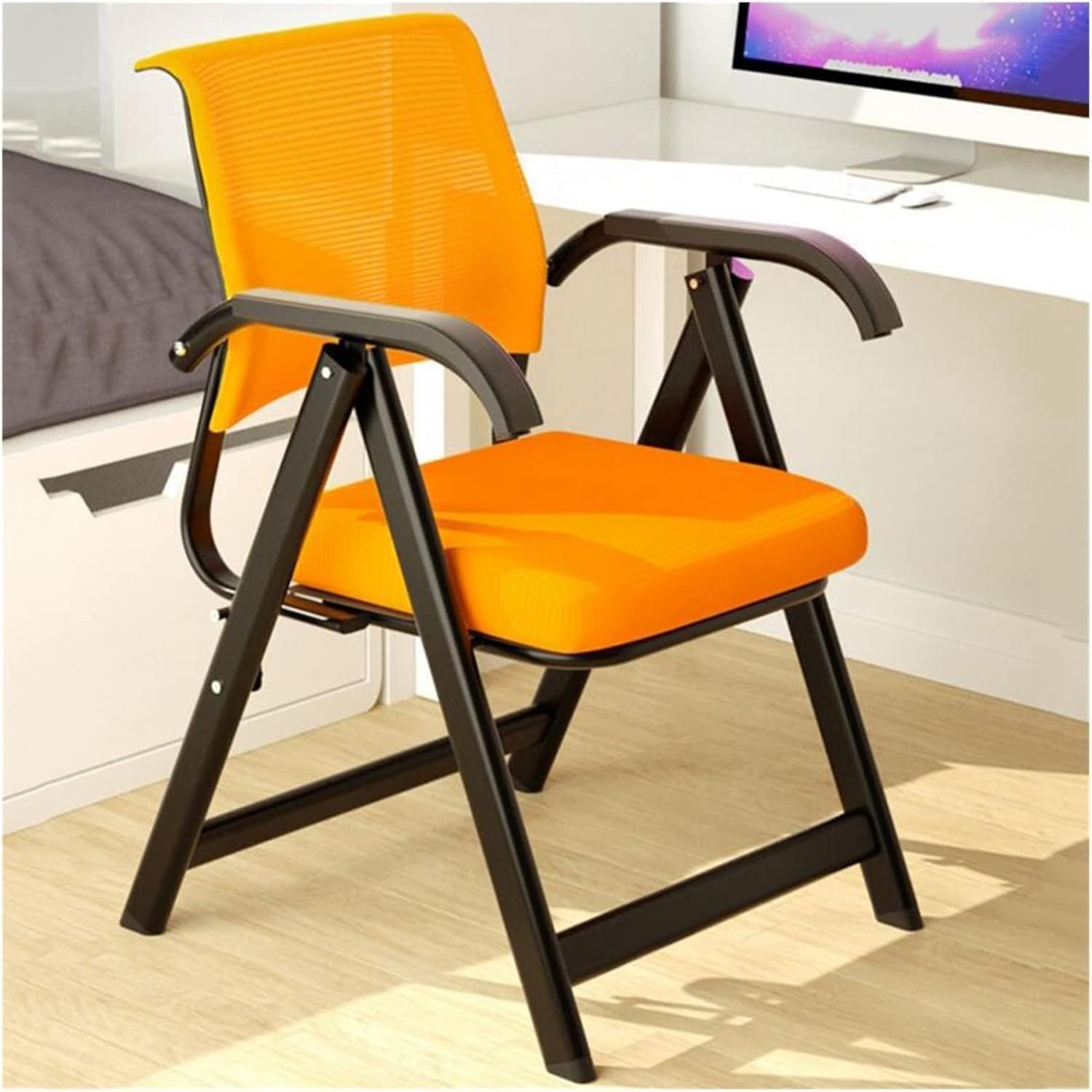 Ergonomic Mesh Mid Back Office Desk Chair with Upholstered Tablet Arm and Padded Fabric Seat Stacking Dining(Orange)