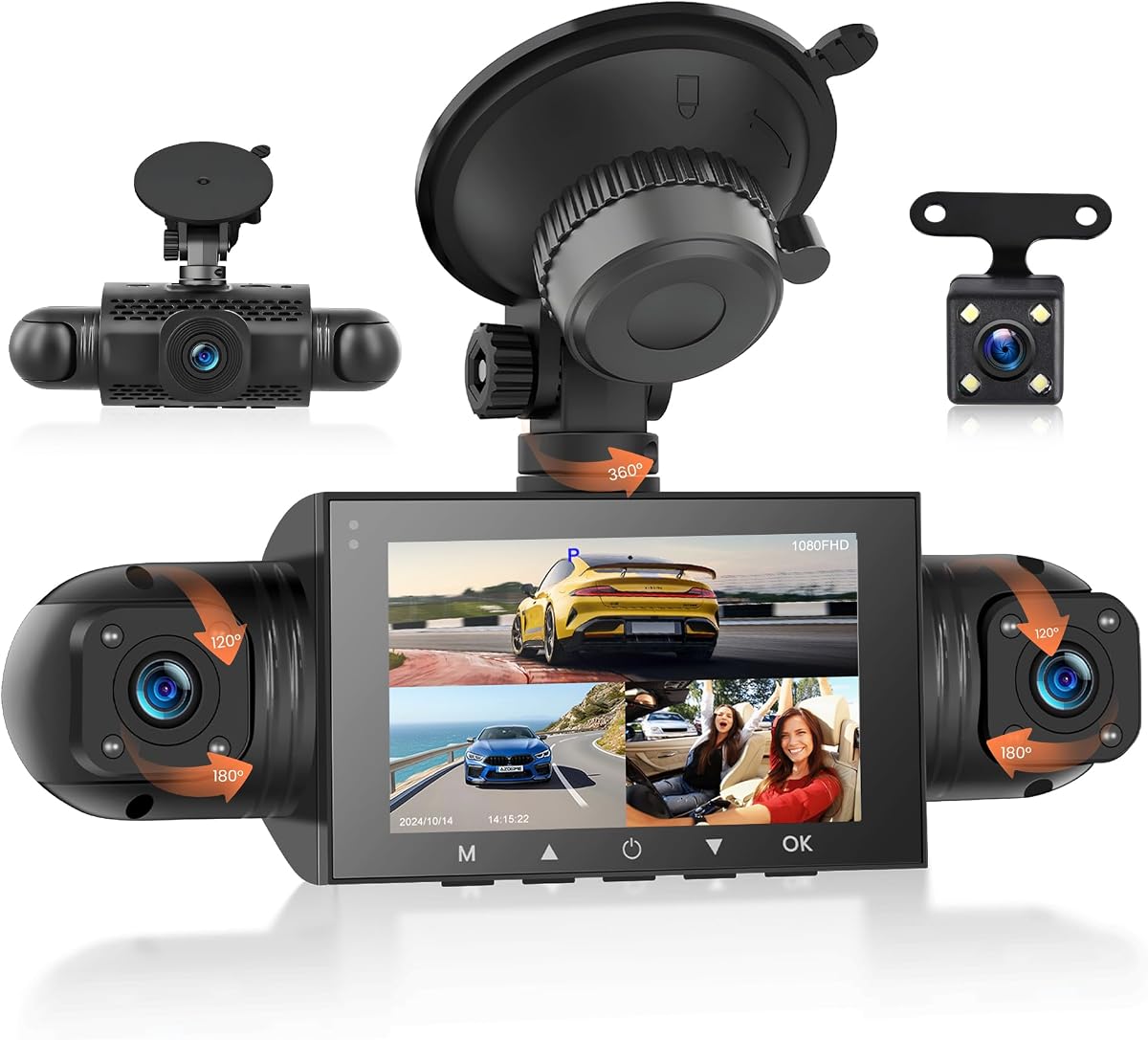 4 Channel Dash Cam Front and Rear Inside Left Right, 360 Degree View Dash Camera for Cars, 1080P Front + 3 Cameras, Night Vision, Loop Recording, G-Sensor, 24/7 Parking Monitor