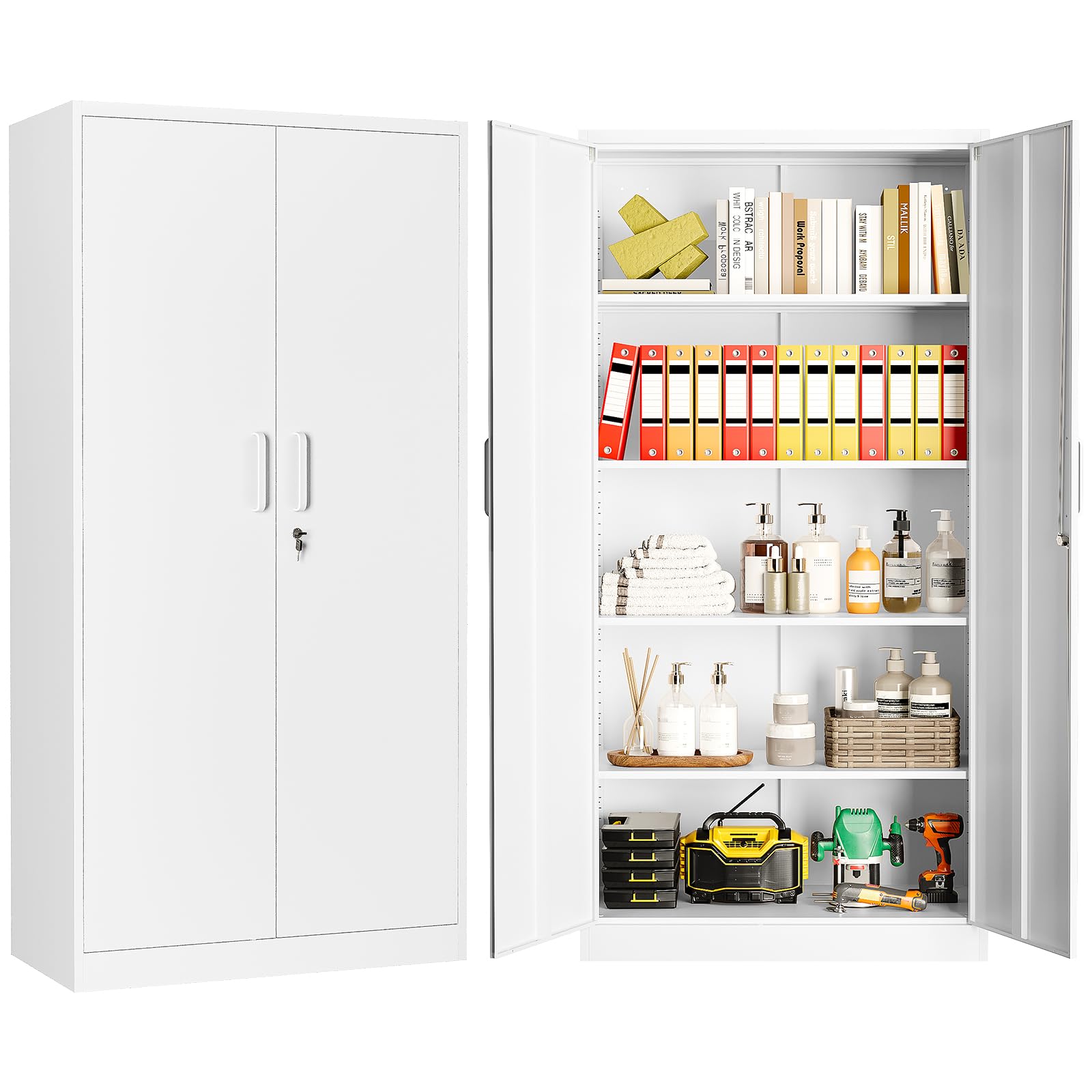 Aktenschrank Aufbewahrungsschrank mit Schloss Stahlschrank Stahlspind Mehrzweckschrank Metallschrank mit 2 Türen für Büro Haus Garage Fitnessstudio Schule 170X78X39cm Weiß