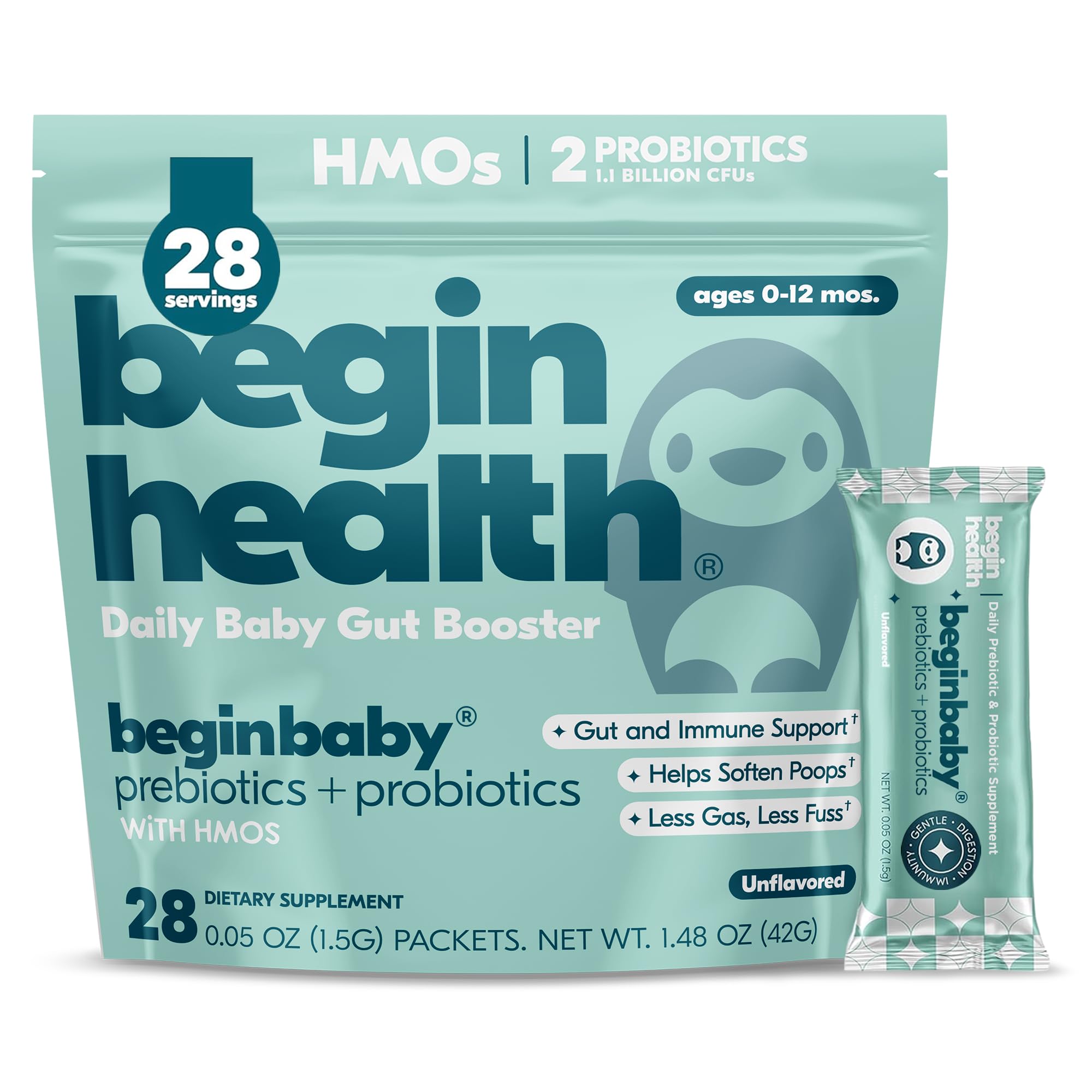 Begin Health BeginBaby Prebiotics and Probiotics for Infants 0-12 Months | Baby Formula Prebiotic + Probiotic Powder with 2'-FL HMO's & B. Infantis for Optimal Digestion | 28-Packs - Unflavored