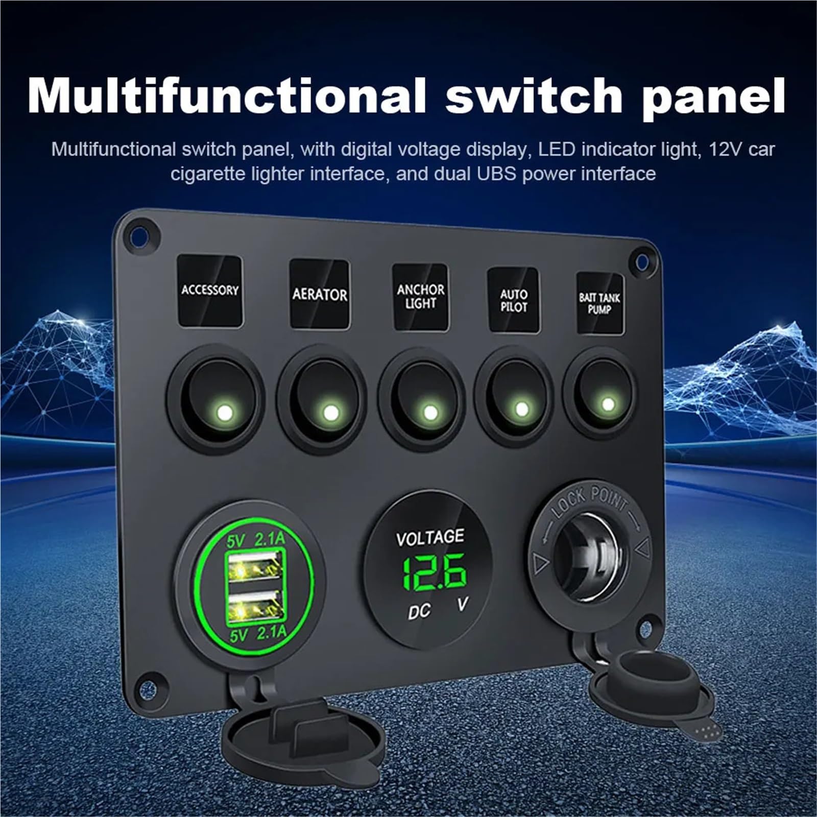 Panneau de commande d'interrupteur d'éclairage LED 12 V à 5 gangs, voltmètre, 2 ports USB, circuit de contrôle LED marche/arrêt for camping-car, camion, bateau, VTT, caravane(Blauw)