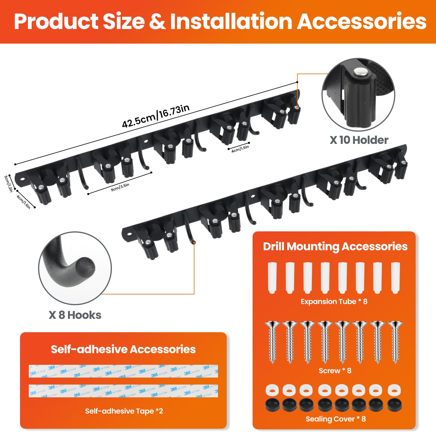 2 Pezzi Porta Scope Parete, Portascope da Muro con 10 Supporti e 8 Ganci, Appendi Scope a Muro Autoadesivo, Appendiscope in Acciaio Inox Avvitabile, Ganci Porta Attrezzi da Giardino