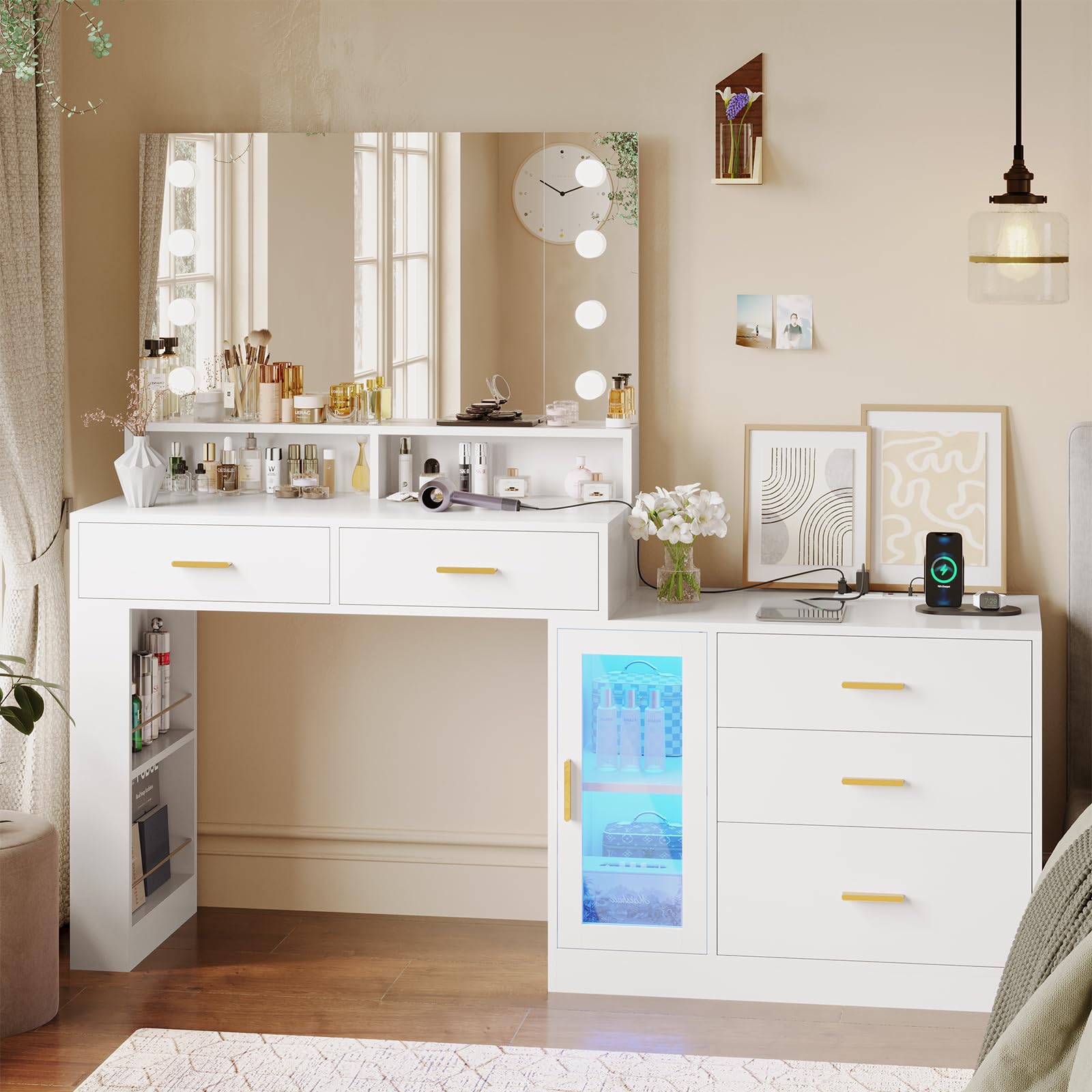 VIAGDO Makeup Vanity Desk with 3-Colors Lighted Mirror, White Vanity Table with Charging Station, 5 Drawers Makeup Desk Dressing Table with Storage Shelves for Bedroom Dressing Room