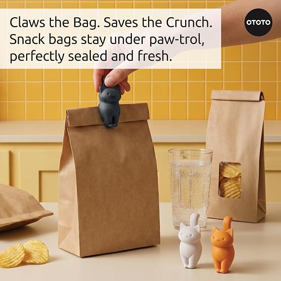 OTOTO Cat Snap Chip Clips - 6 Cat-Shaped Chip Clips, Bag Clips and Wrapper Clips for Chips and Packaging Use, Unique Kitchen Gadgets, White Elephant Gifts