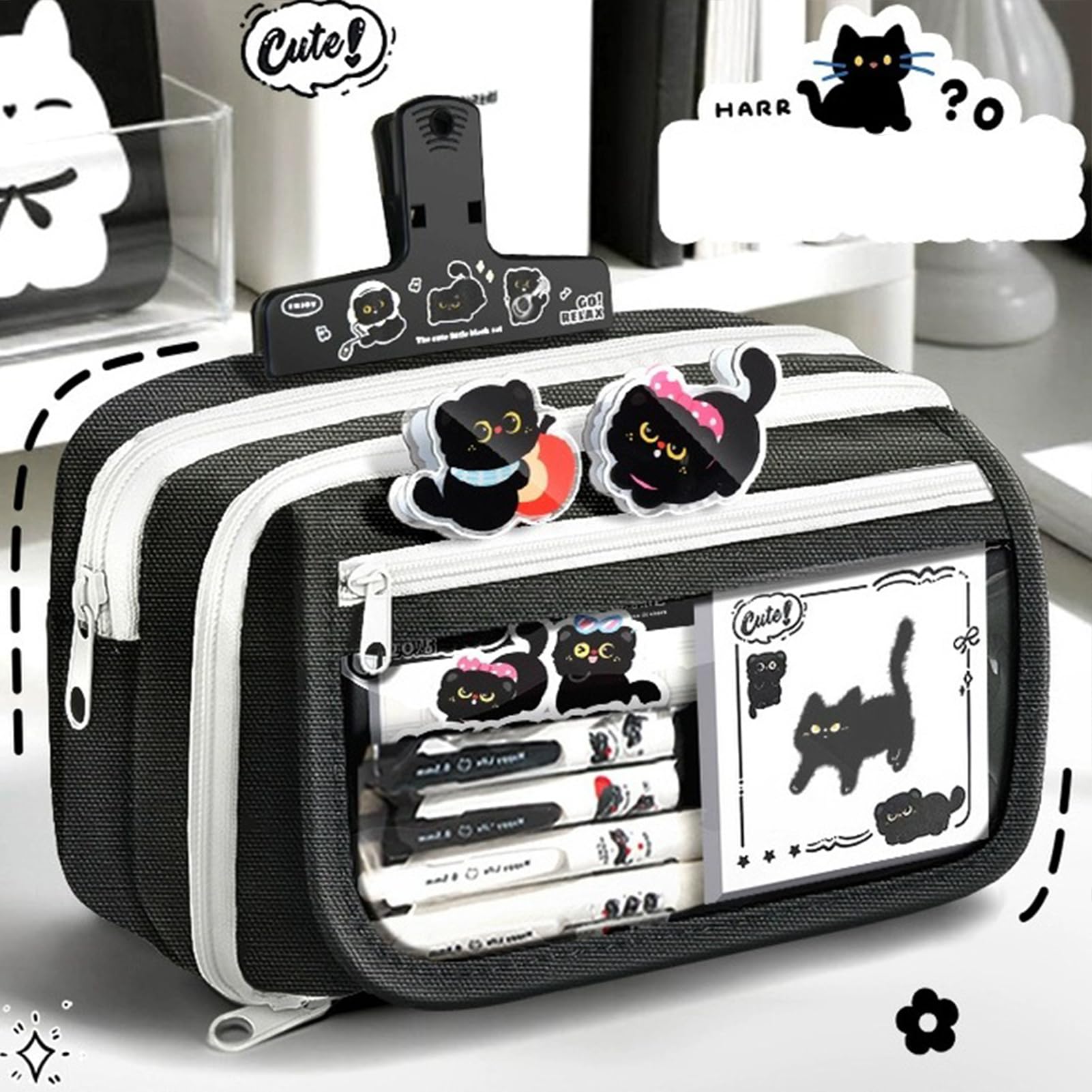 Astuccio scolastico completo – Forniture di cancelleria gatto nero per la scuola – astuccio di archiviazione grande capacità per penne e – per adolescenti studenti ufficio casa scuola regalo
