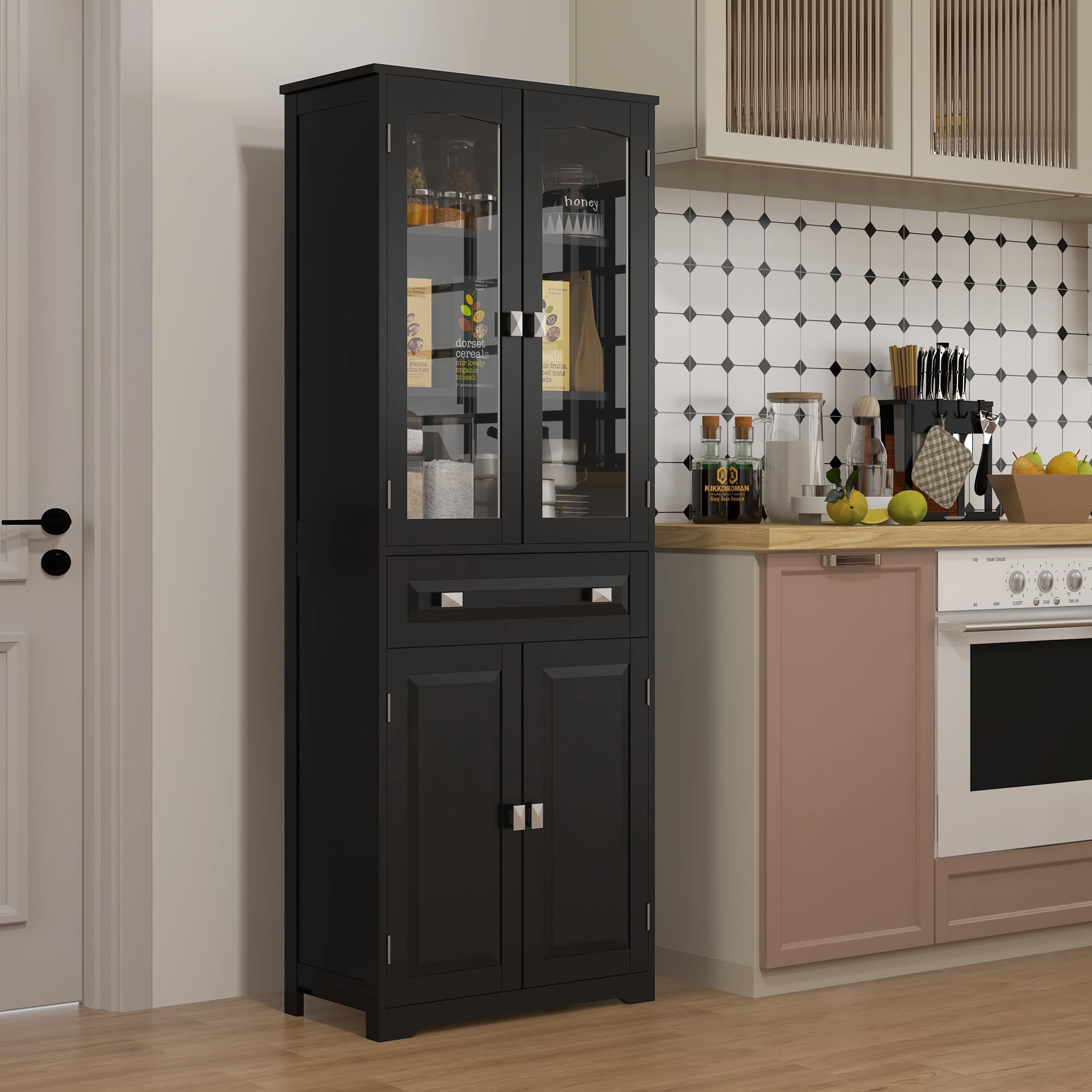 HOMCOM Armoire de Cuisine Buffet Haut 160 cm Noir | 4 Portes dont 2 Portes Vitrées, 1 Tiroir, Étagères Réglables
