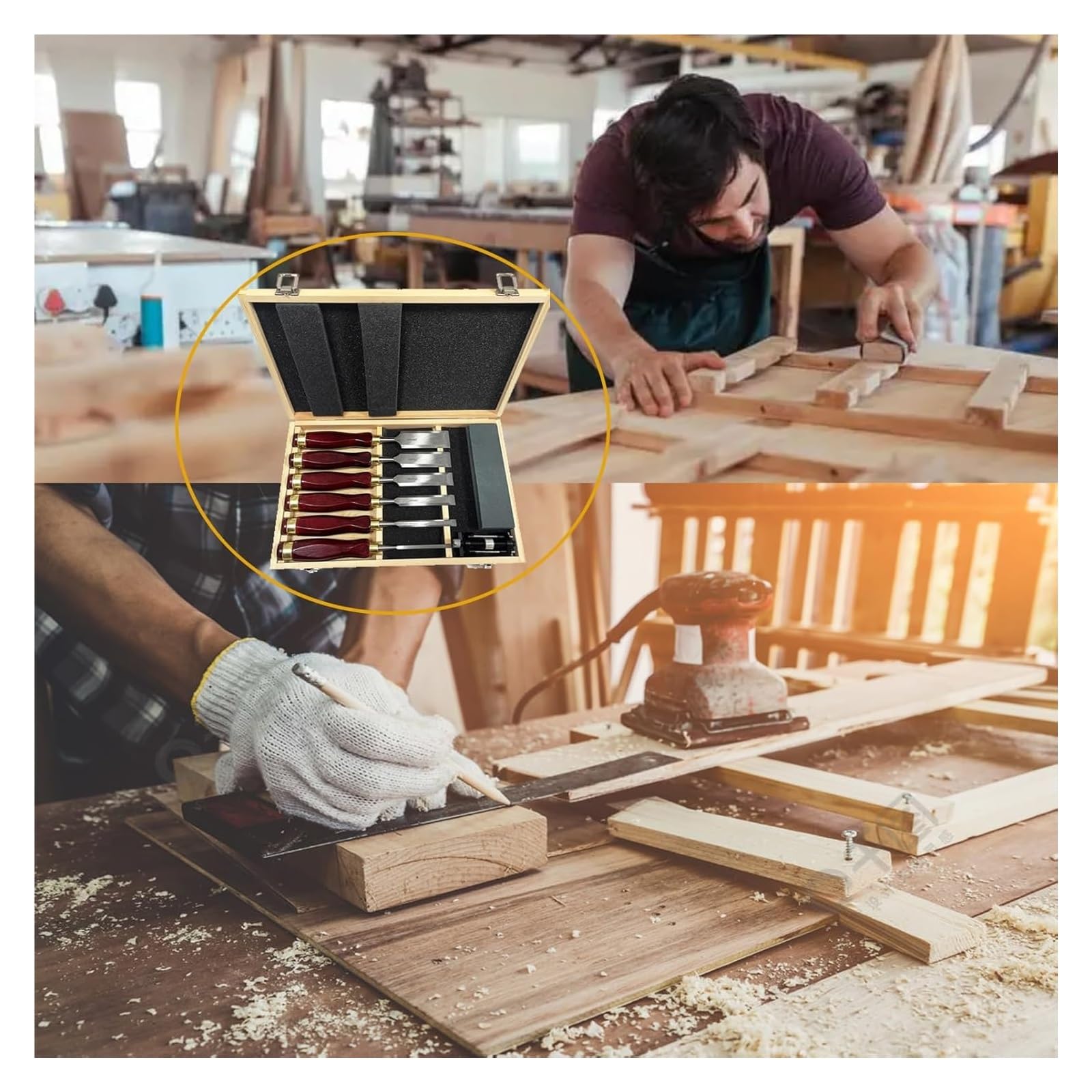 6-Pieces Woodworking Wood Chisel Set: A Carving Chisel Kit with Wooden Box, Honing Guide, Sharpening Stone. Features 60 Steel Blades, Ideal for Carpenters and Craftsmen