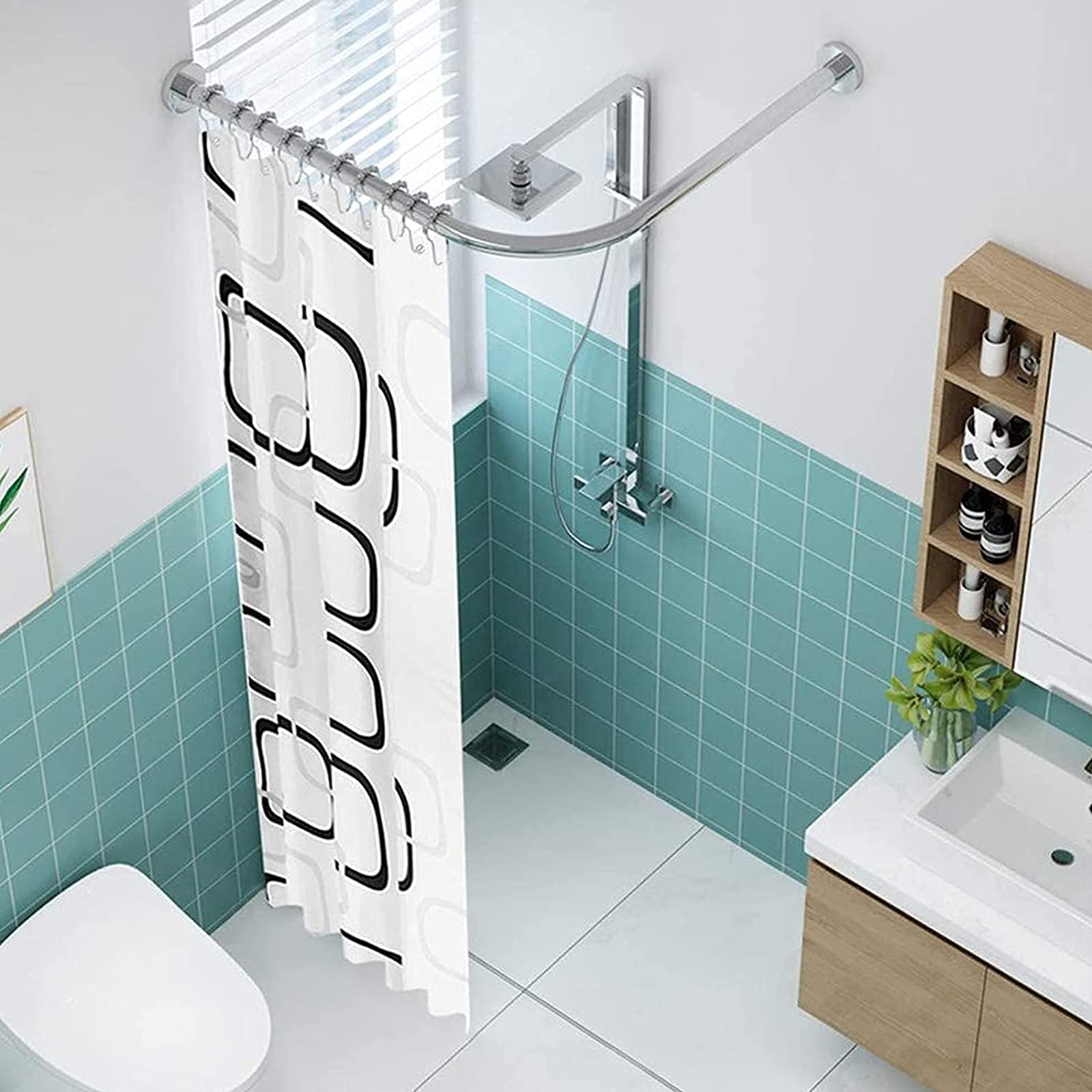 Barra de cortina de ducha de esquina curvada, extensible, ajustable, de acero inoxidable, diseño en forma de L, para vestidor, doble uso, 180-220 cm y elegante