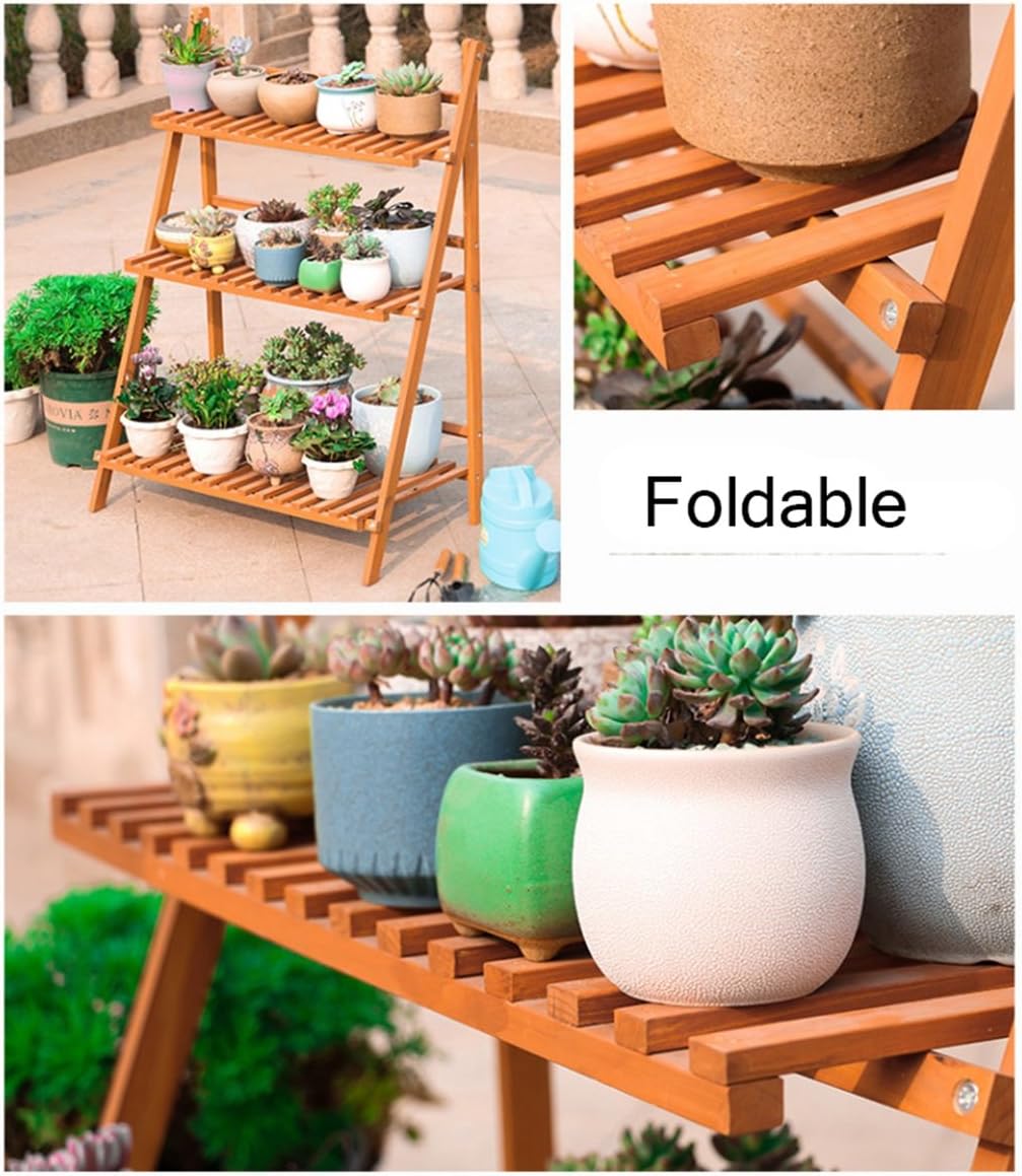 Planter Flower Pot Holder 3 Tiered Wooden Foldable Flowers Stand Garden Patio Standing Plant Flower Pot Rack Decorative Display Stand Holder Flower Pot Shelf- Indoor/Outdoor - Wood Color - L70XD40XH97