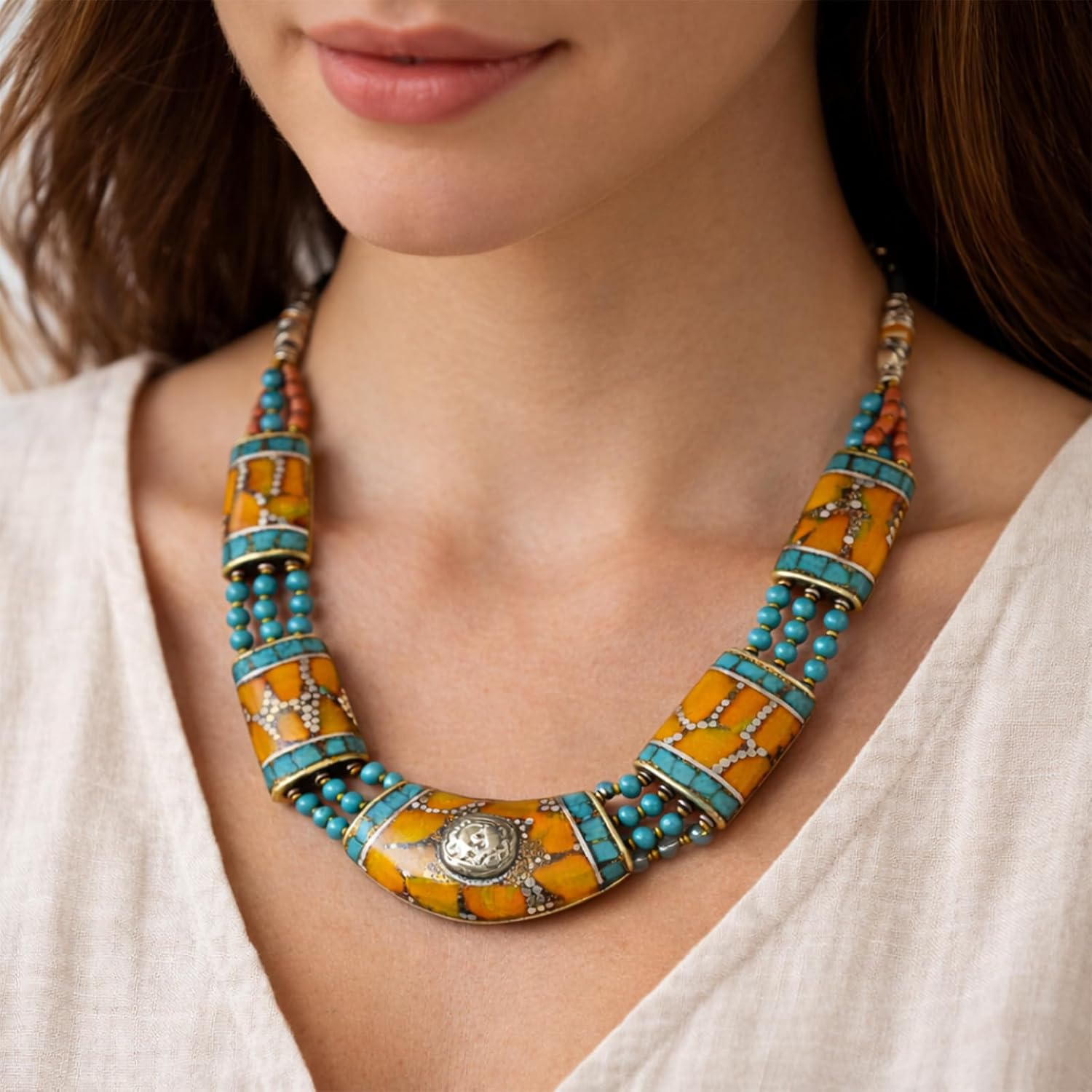 Tibetan Silver Artisan Turquoise Amber Statement Necklace for Women Bohemian Choker Collar Jewelry Festival Necklace