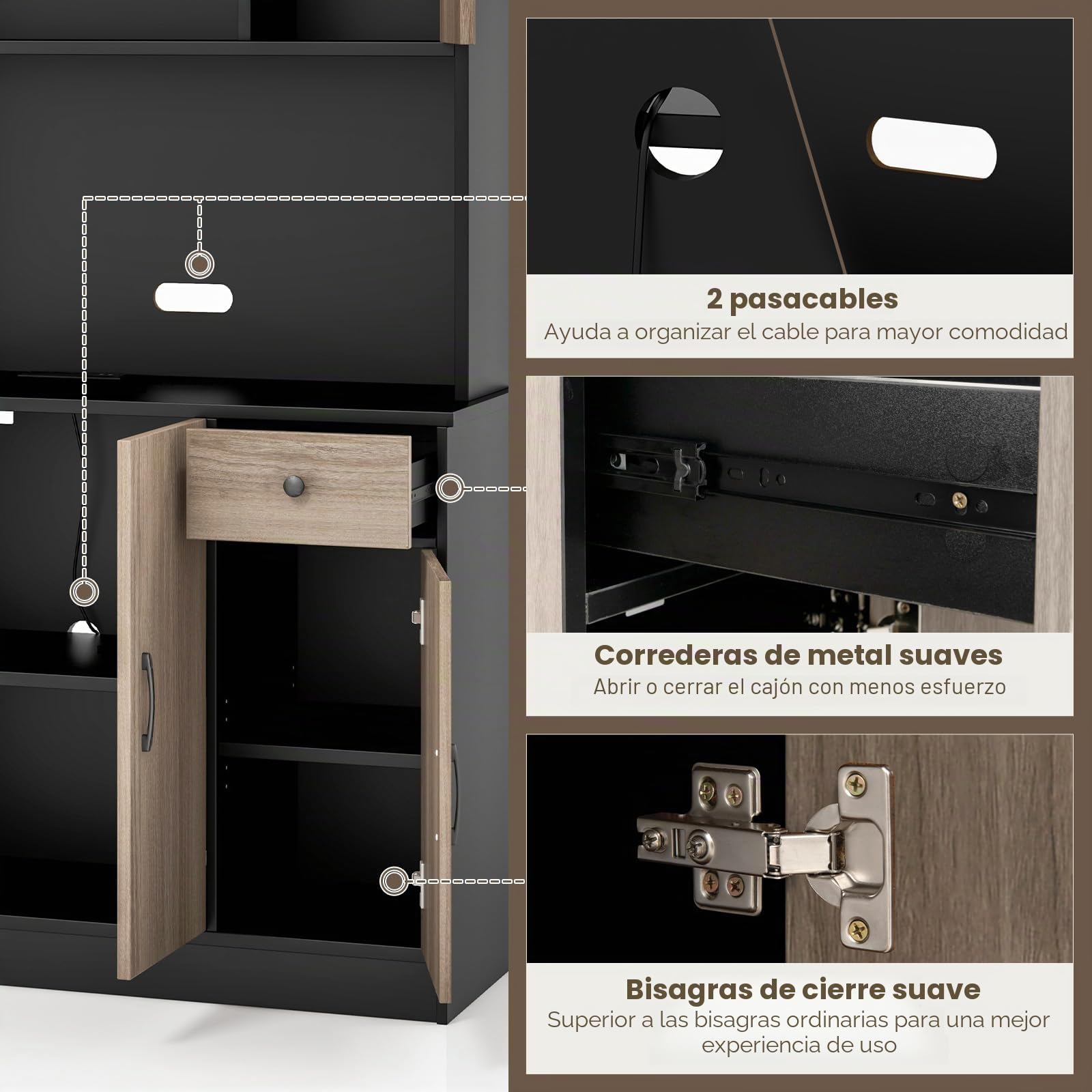 GIANTEX Alacena de Cocina con Puertas y Cajón, 100 x 40 x 180 cm, Aparador Buffet de Madera con 4 Estantes Ajustables, Armario de Almacenamiento para Cocina, Comedor (Negro+Roble)