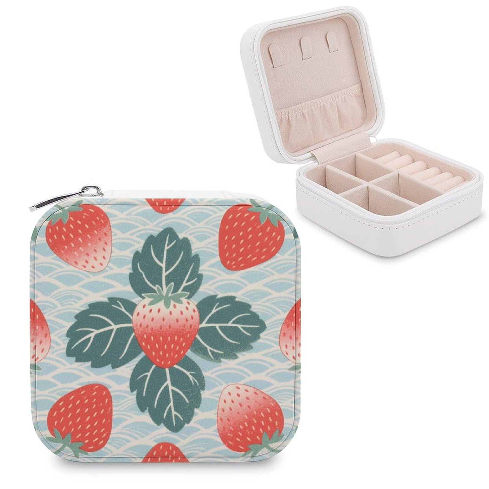 VstaDank Strawberry Jewelry Box for Women Jewelry Organizer Storage Case with Zipper Mini Travel Jewelry Case Cute Trinket Organizer Leather Portable Jewelry Storage Box