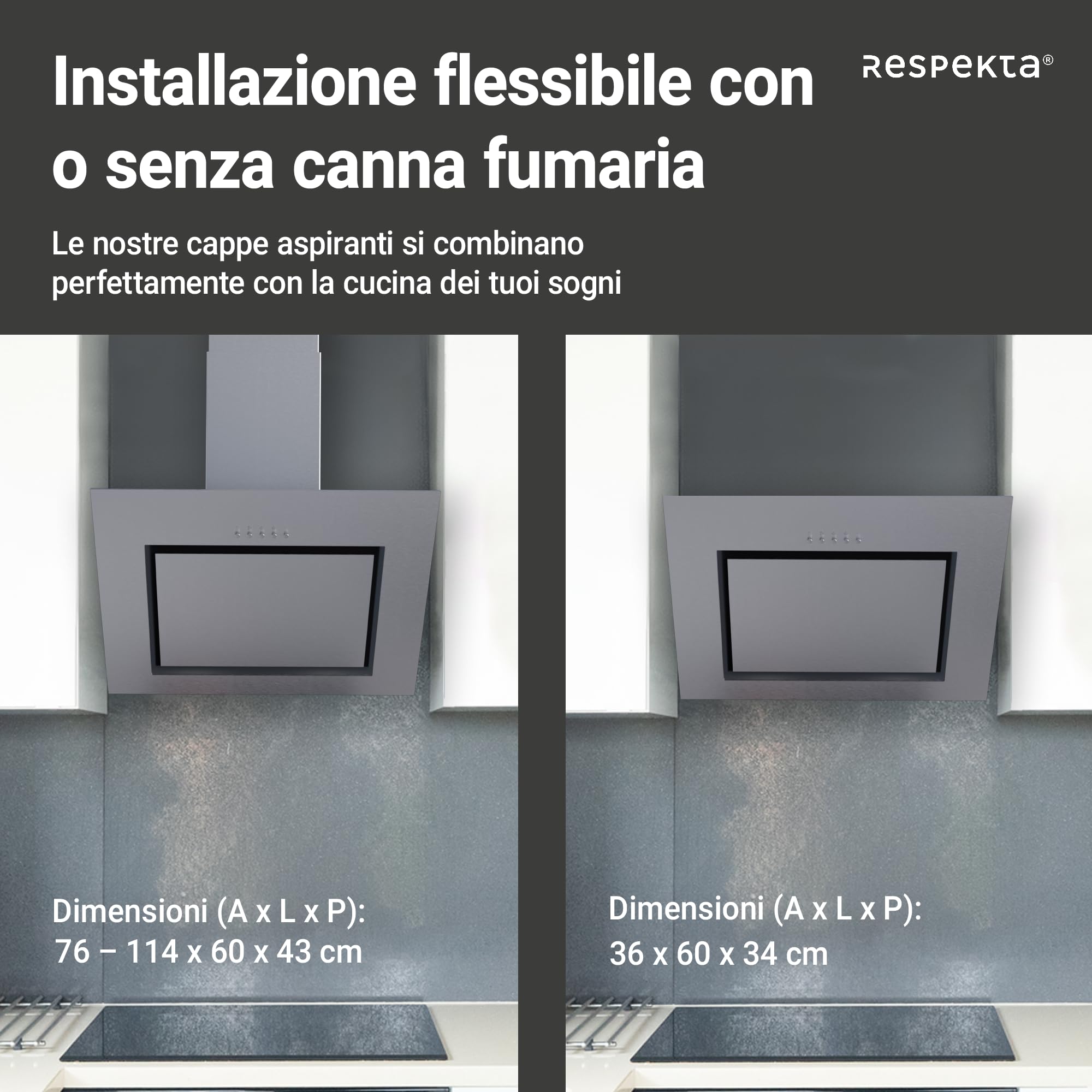 Respekta Cappa aspirante senza ingombro/cappa inclinata 60 cm/struttura in acciaio inox/funzione di espulsione e ricircolo dell'aria / CH22020IXB / B / 58 – 63 dB