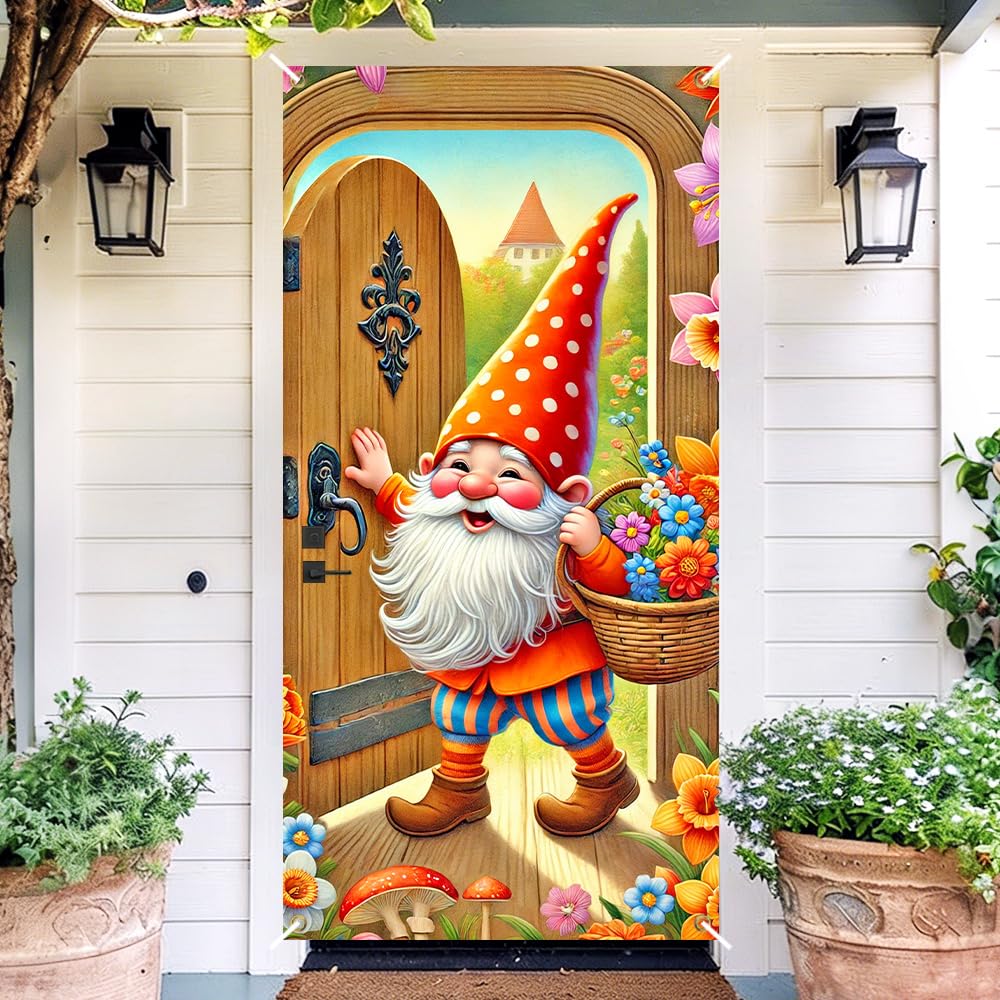 Spring Gnome Door Cover 35x71in Flower Basket Mushroom