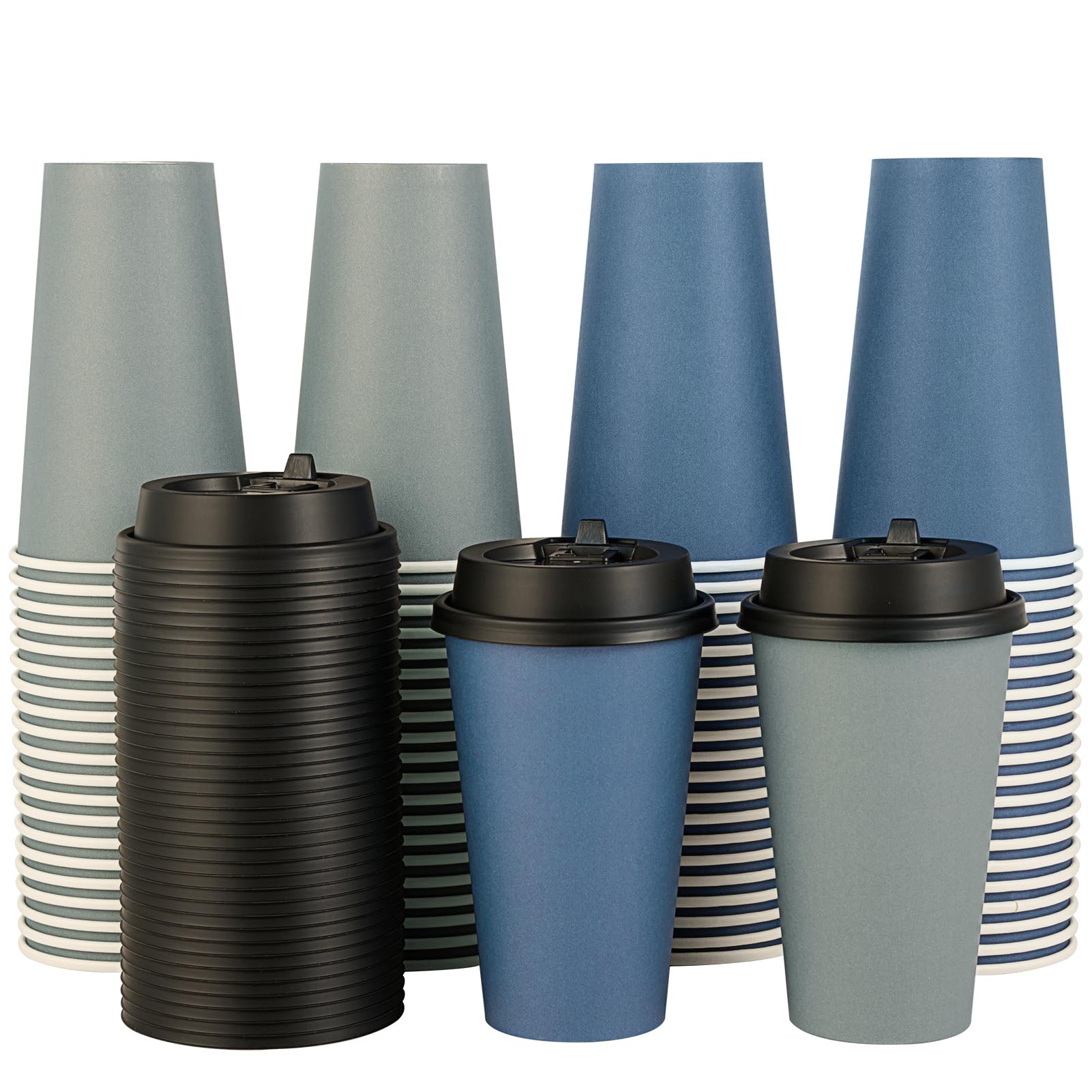 LITOPAK 100 Pack 16 oz Disposable Paper Coffee Cups with Lids for Coffee, Water, Juice, or Tea, Blue and Gray Hot Paper Cups for Home, Restaurant,