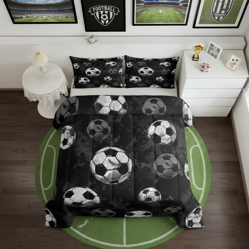 Erosebridal Soccer Bedding Queen Football Comforter Sets for Boys Sports Duvet Ball Game Themed Room Decor Girls Teens Gray Black Microfiber All-Season Down Comforter Luxury 3 Piece with 2 Pillow Sham