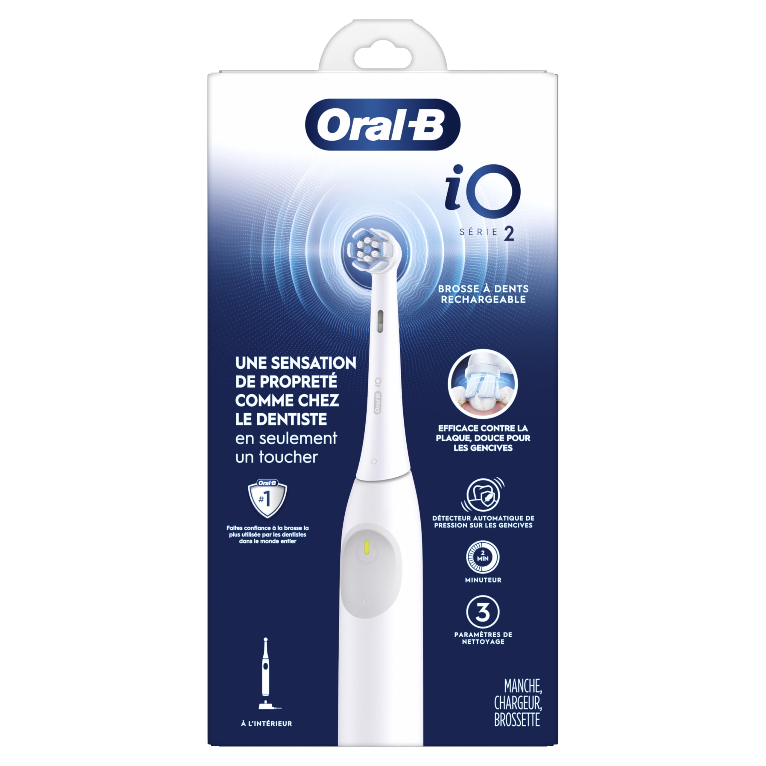 Oral-B iO Series 2 - Spazzolino da denti elettrico ricaricabile, bianco puro, con 1 testina per la cura delicata, sensore automatico di pressione per proteggere le gengive, 3 modalità, timer da 2