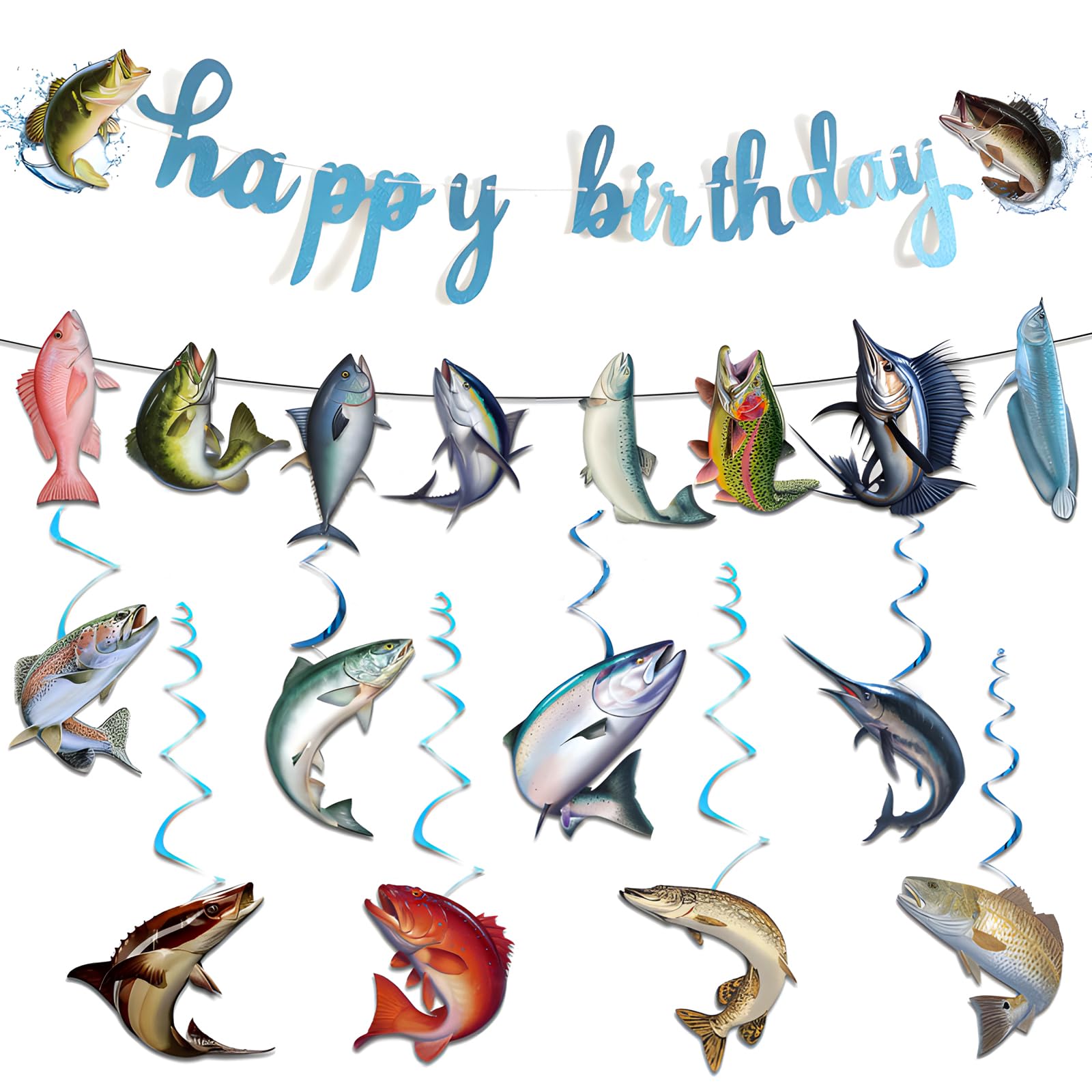 10Pcs Fishing Birthday Decorations Set, Angling Party Decorations, Happy Birthday Banner, Realistic Carp Bass Bunting & Swirl Hangings, Fish Decor for Retirement Farewell Party Supplies