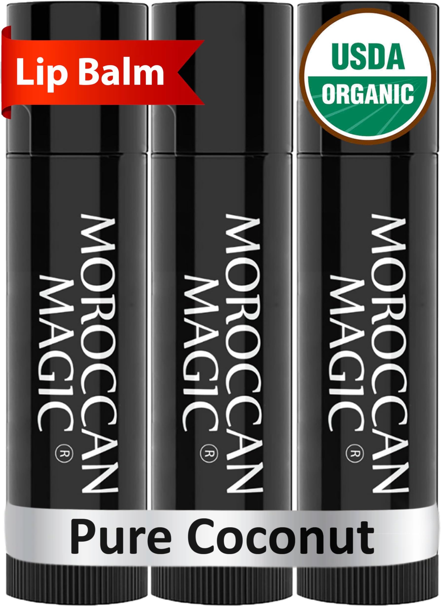 Moroccan Magic Organic Pure Coconut Lip Balm 3 Pack | Ultra-Hydrating Argan & Essential Oil Lip Moisturizer + Vitamin E | Natural Chapstick for Dry Lips | Smooth, Non-Toxic | Organic Lip Balm