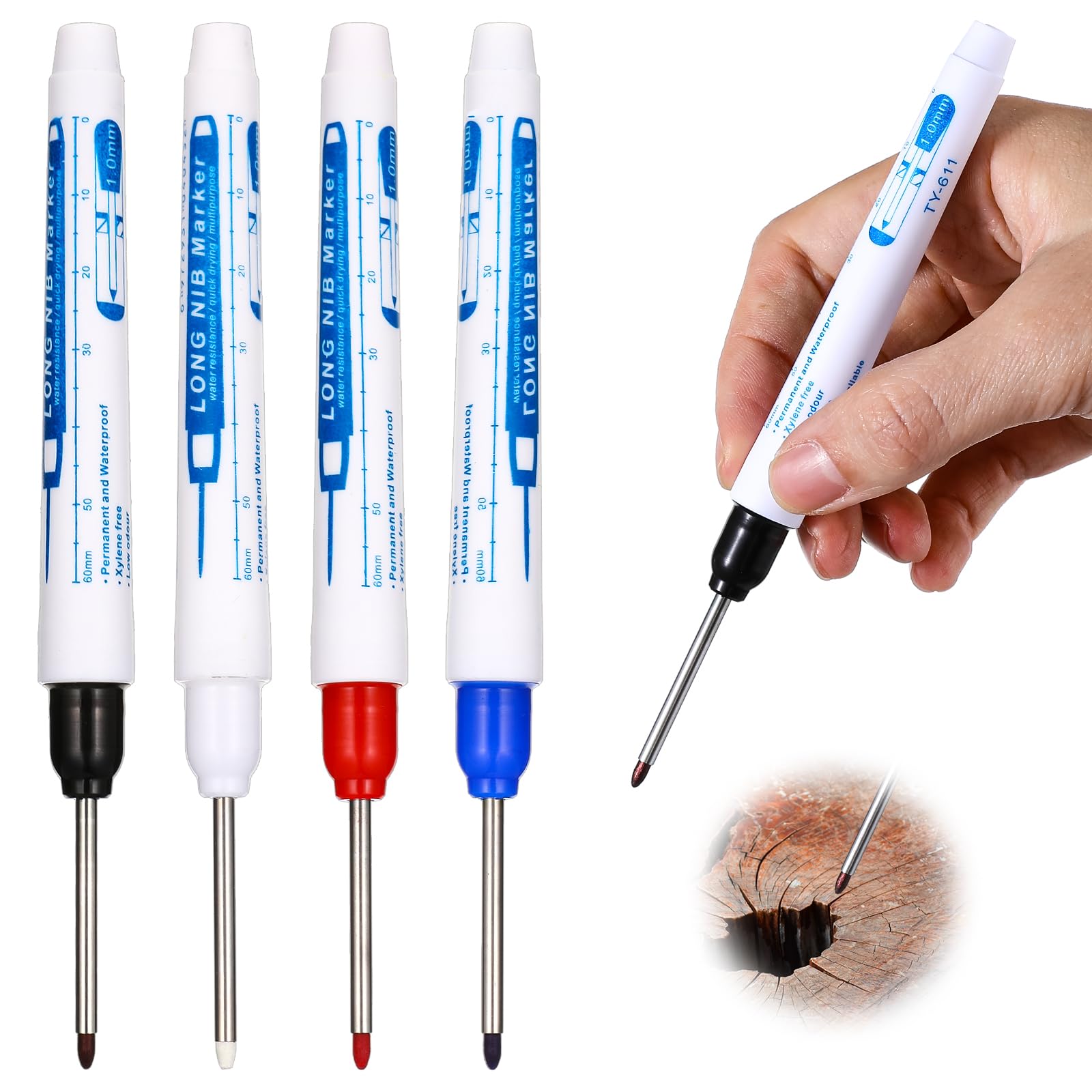 Sibba Deep Hole Markers, 4 Pack, Permanent Markers, Long Point, Waterproof, 30 mm, for Builders, Construction Architects (4 Colors)