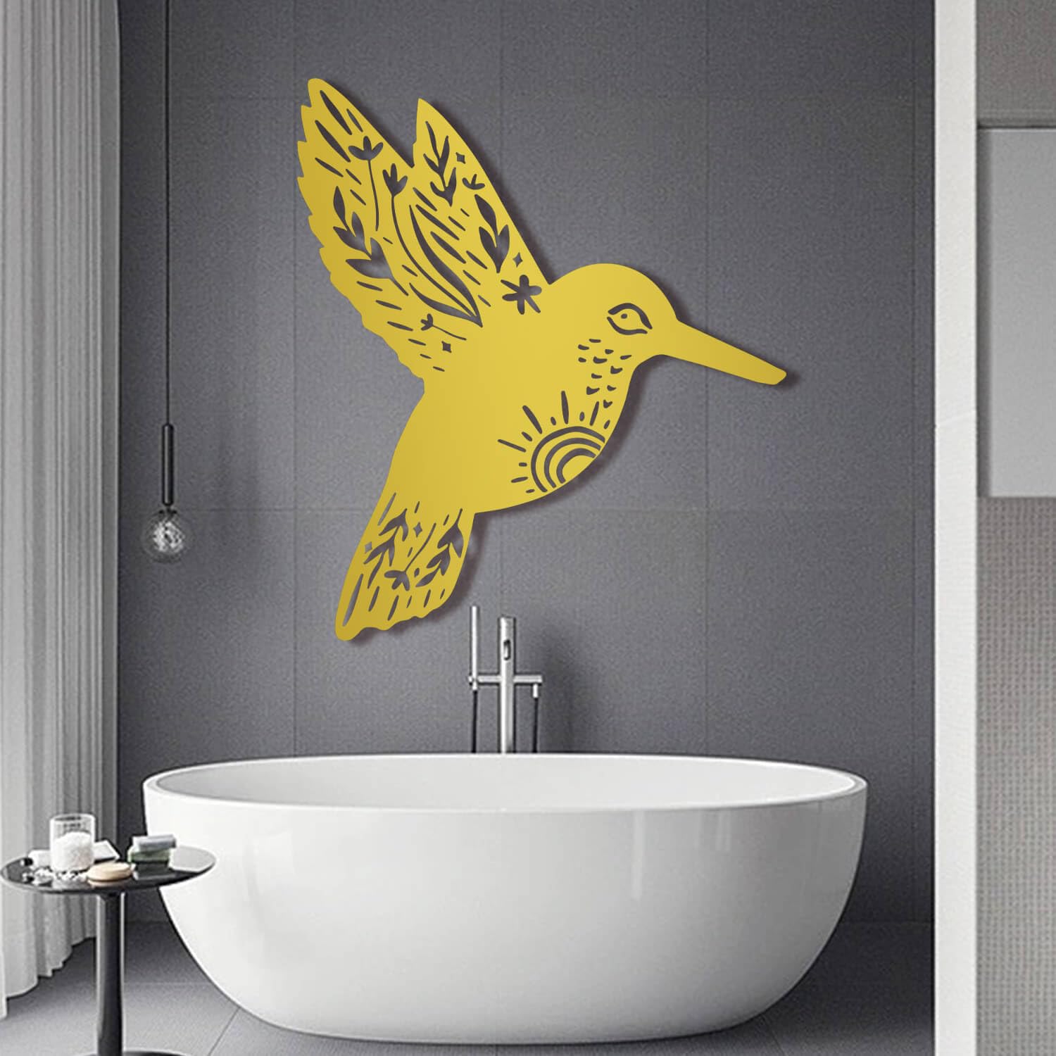 Décoration murale métal colibri or 78x90cm pour salon et patio extérieur