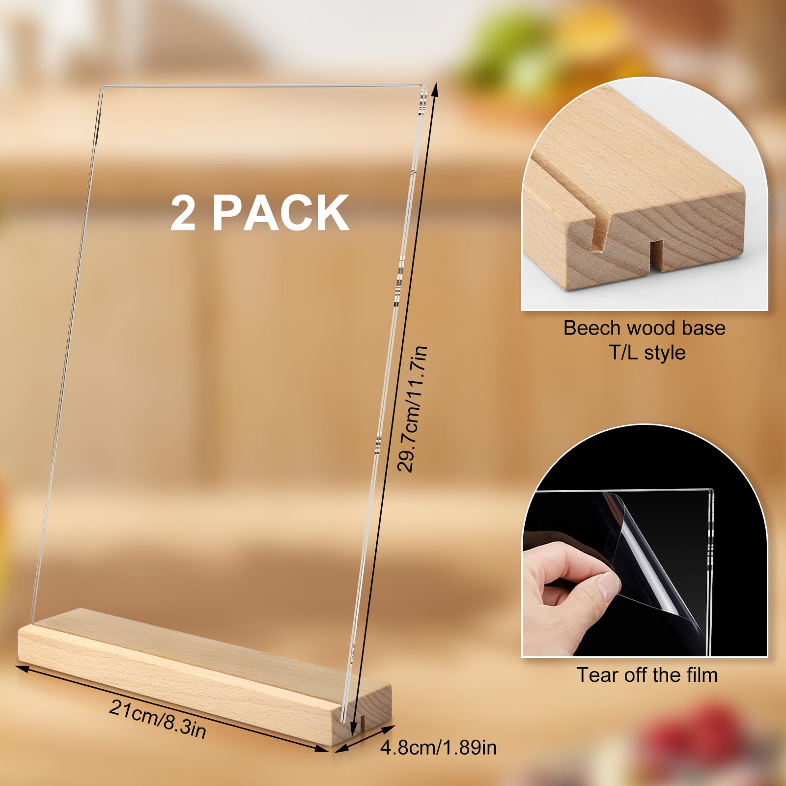 2 Piezas Expositor De Metacrilato A4,Soporte Folletos De Acrílico Transparente A4,Acrylic Sign Holder,Soporte De Mesa Acrílico Con Base De Madera, Soporte De Mesa Acrílico (Forma L Y T)