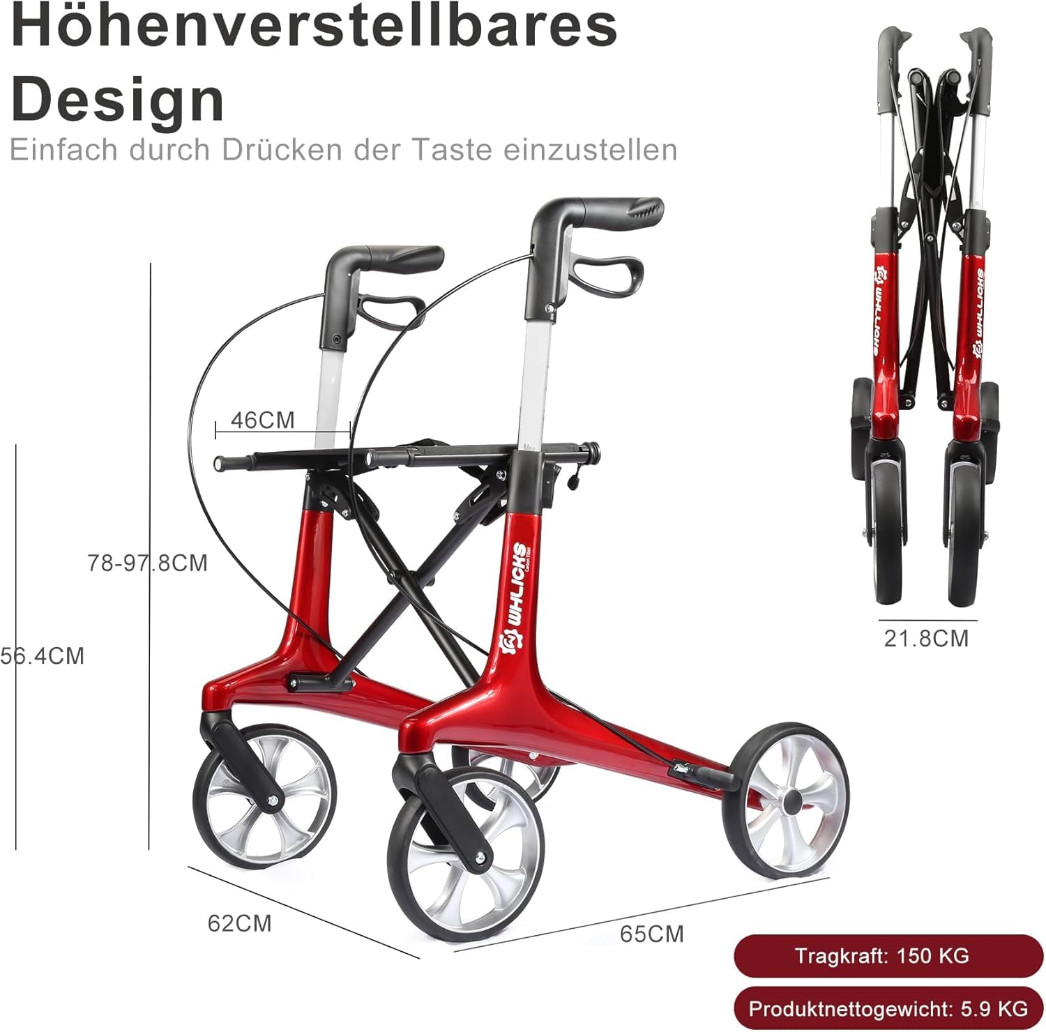 Carbon Rollator Faltbar und Leicht mit Sitz, Rollatoren Leichtgewicht Ultraleicht 5.9 kg, Indoor & Outdoor Gehhilfe für Senioren, Höhenverstellbar und Klappbar Rollator für Kofferraum