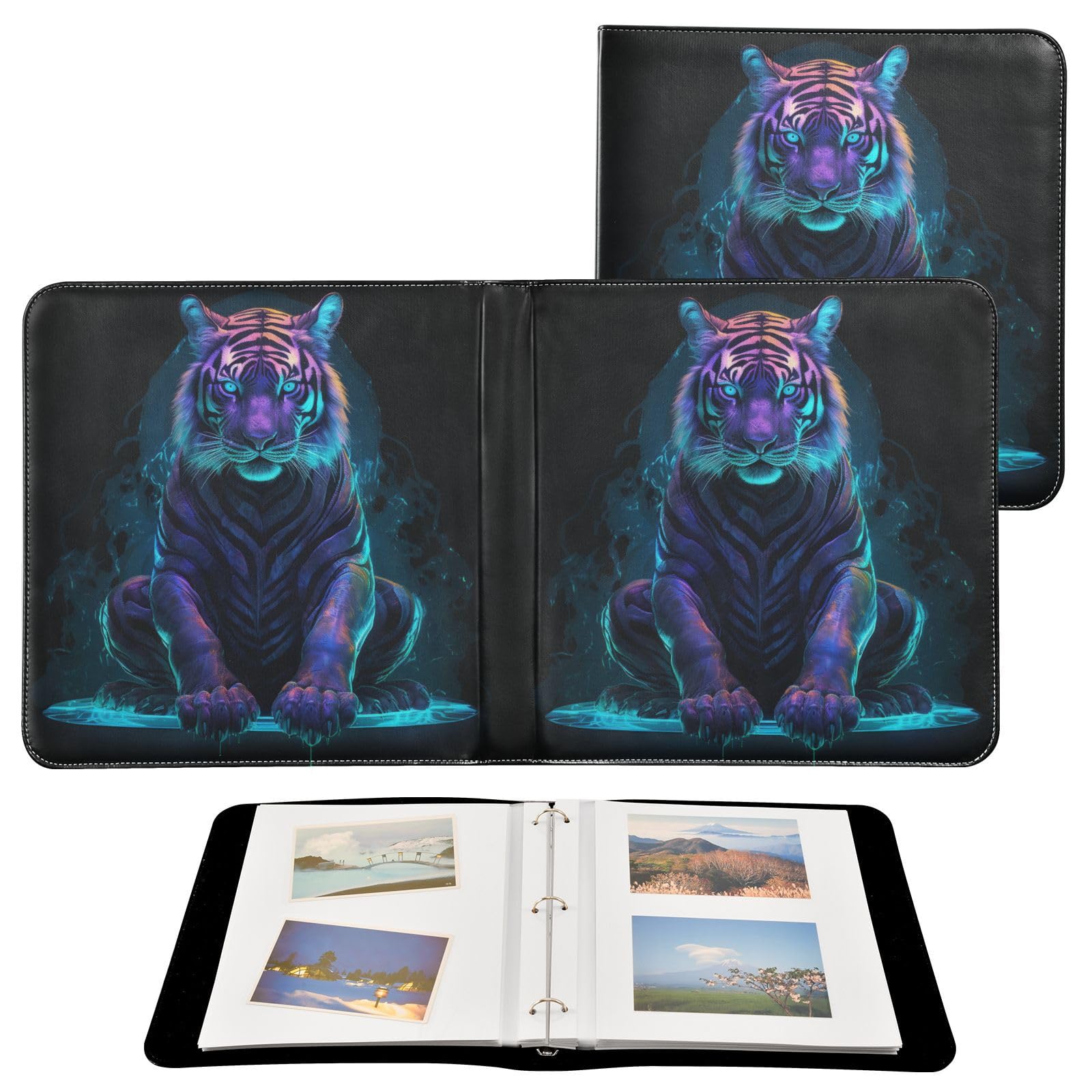 JIPONI Blue Tiger Large Photo Album, DIY Leather Cover Scrapbook Albums for 4x6 5x7 6x8 Pictures, Self Adhesive Memory Book for Wedding, Baby, Family