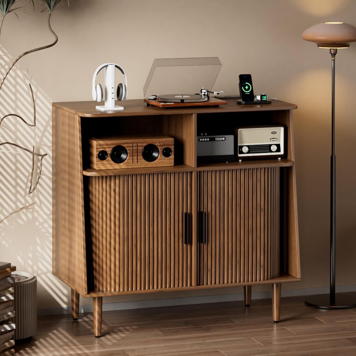 Record Player Stand with Vinyl Storage, Mid Century Modern Vinyl Storage Cabinet with Power Outlet and Sliding Doors, Turntable Stand Table Holds Up to 350 Albums for Living Room (walnut, 31.5"W)