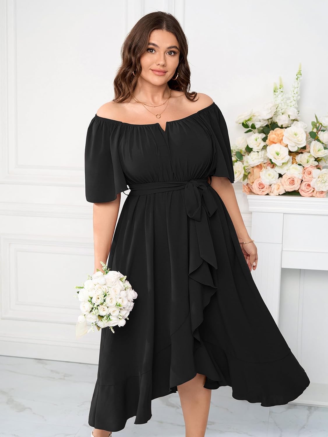 Womens Plus Size Cocktail Midi Dresses Short Sleeve Square Neck Flowy Formal Wedding Guest Dress Off The Shoulder - Image 5