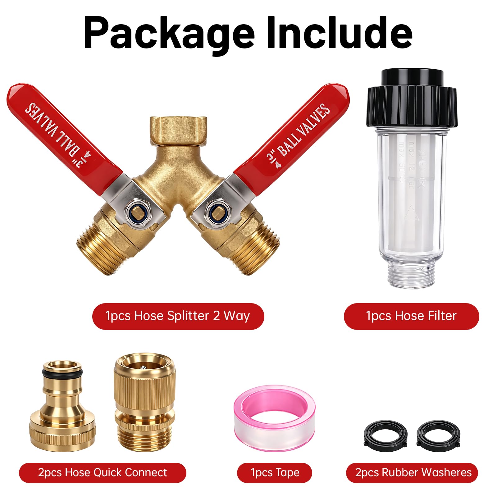 Splitter per tubo da giardino a 2 vie, in ottone resistente, valvola a Y a | con filtro e set di connessione rapida, manico in acciaio inossidabile 304, adattatore per acqua a flusso completo per prato