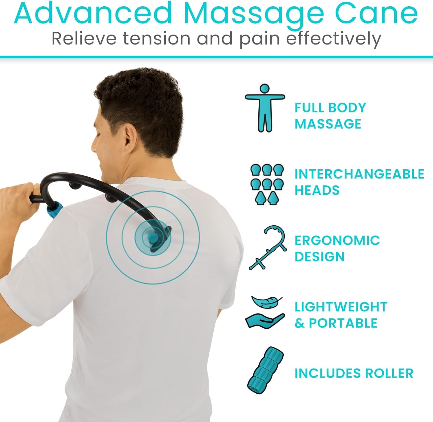 Vive Massage Cane with Roller - Interchangeable Heads - Trigger Point Tool - Neck, Back, Shoulder, Muscles Massager Handheld - Manual Self Massager - Muscle Knot Remover - Deep Tissue Pain Relief