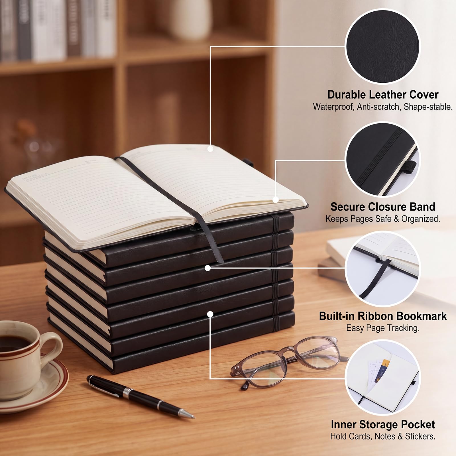 Thboxes 8 diarios de cuero de tapa dura A5 con lazo para bolígrafo, marcapáginas y bolsillo interior, 120 hojas de papel en blanco rayado, cuadernos negros para oficina, escuela, negocios, viajes